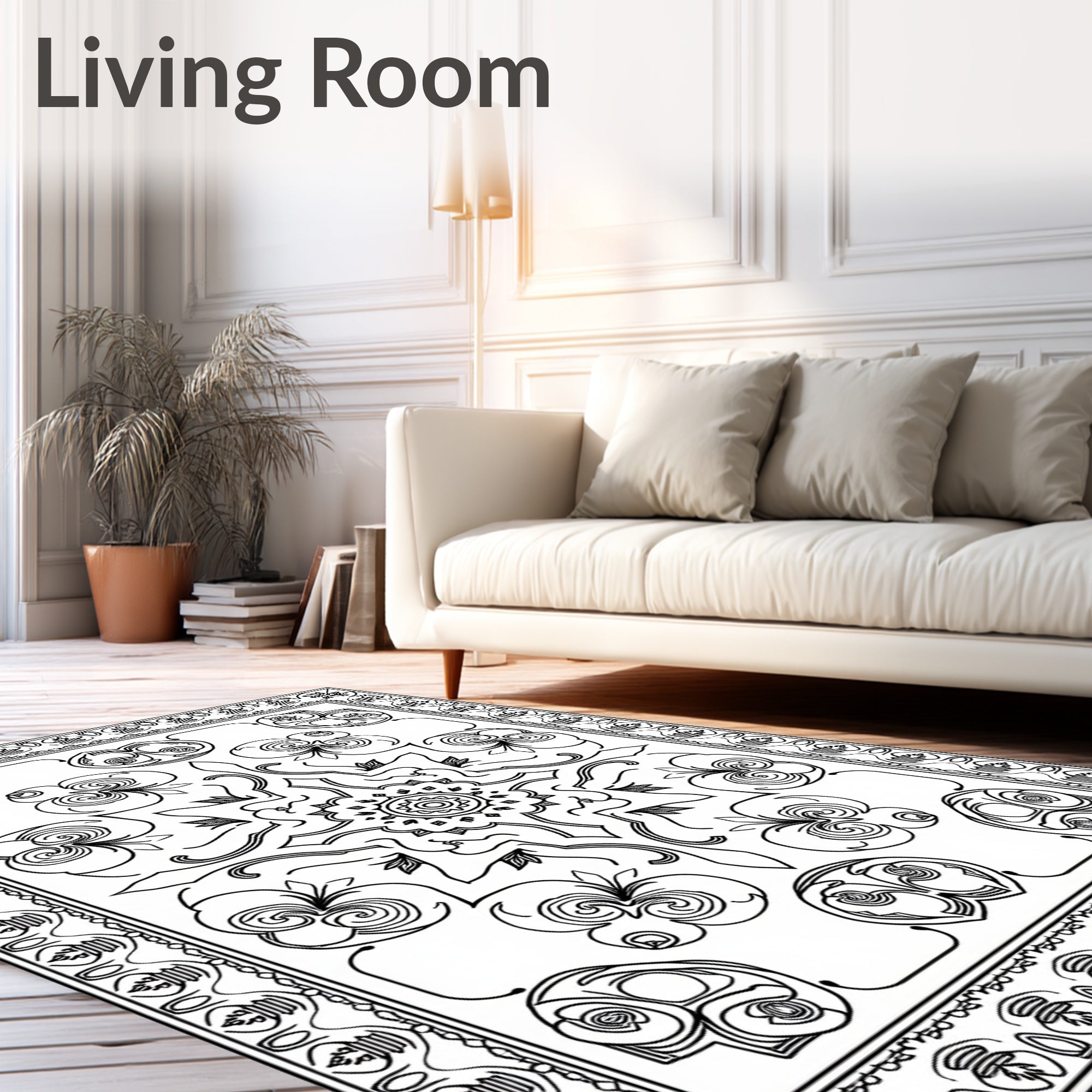 Black White Ornamental Floral Mandala Rug