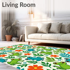 Whimsical Green Frogs Floral Garden Rug