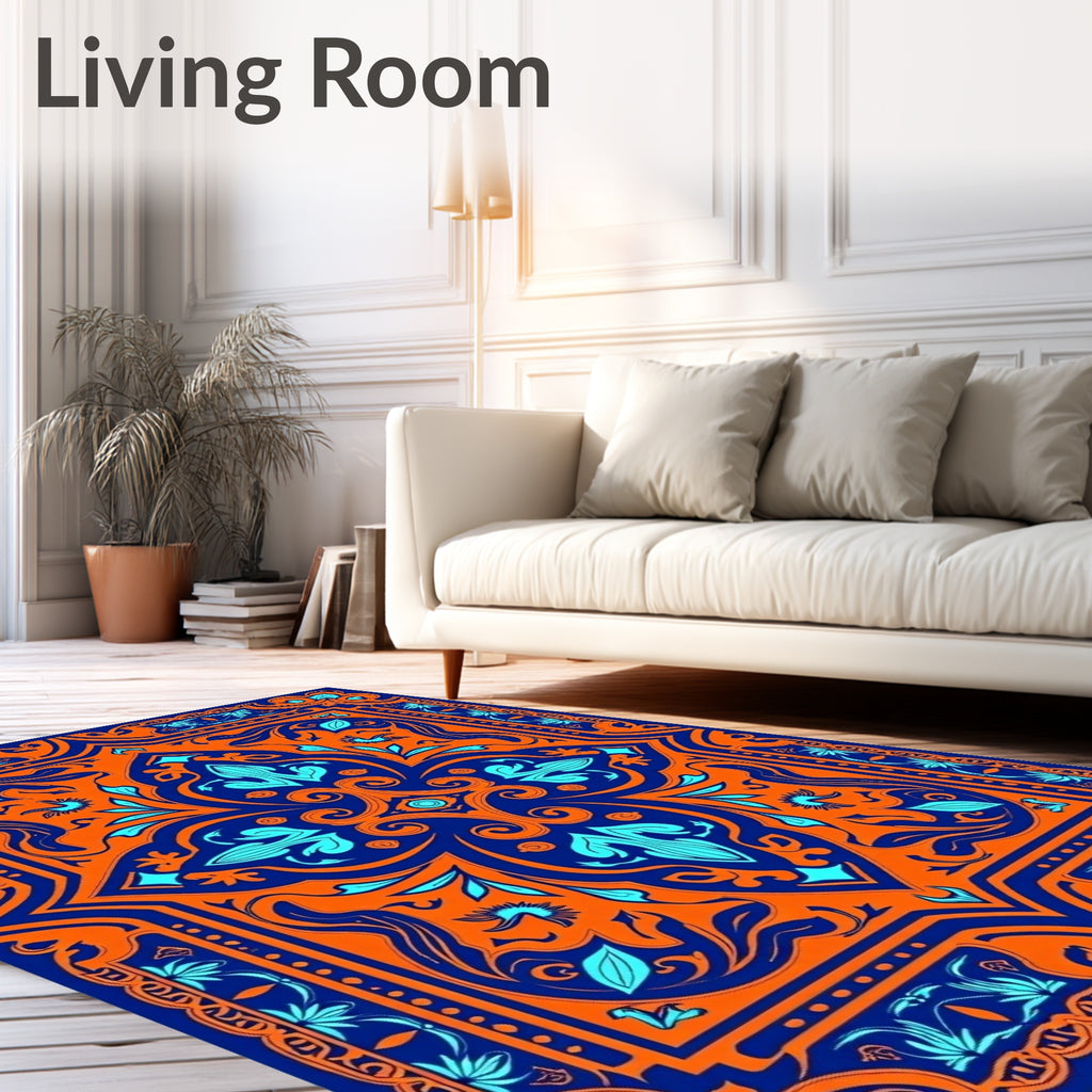 Bold Orange Blue Floral Medallion Rug