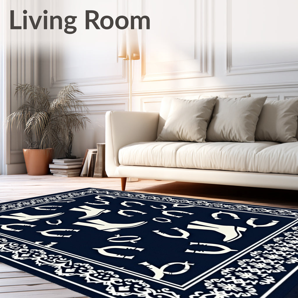 Navy Cream Cowboy Boot Horseshoe Border Rug