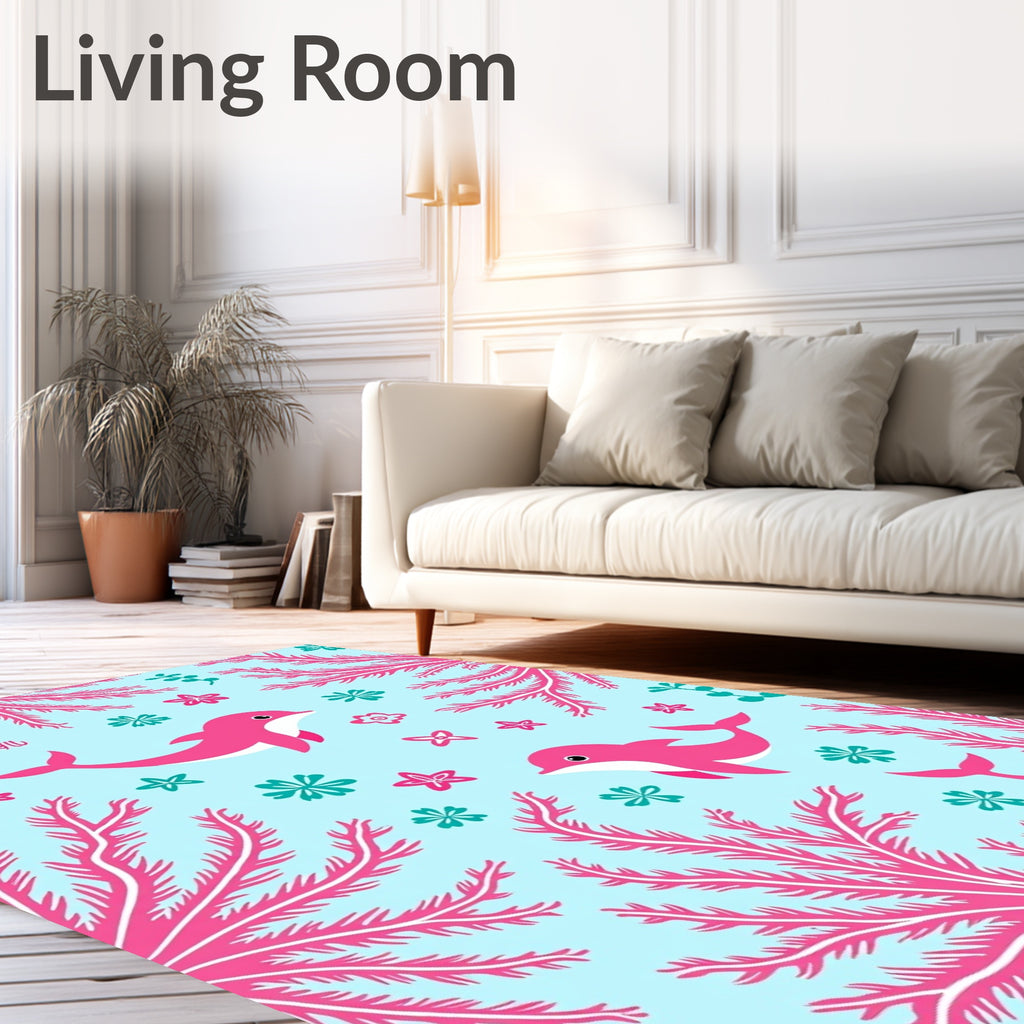 Pink Dolphins Coral Sea Life Whimsical Rug