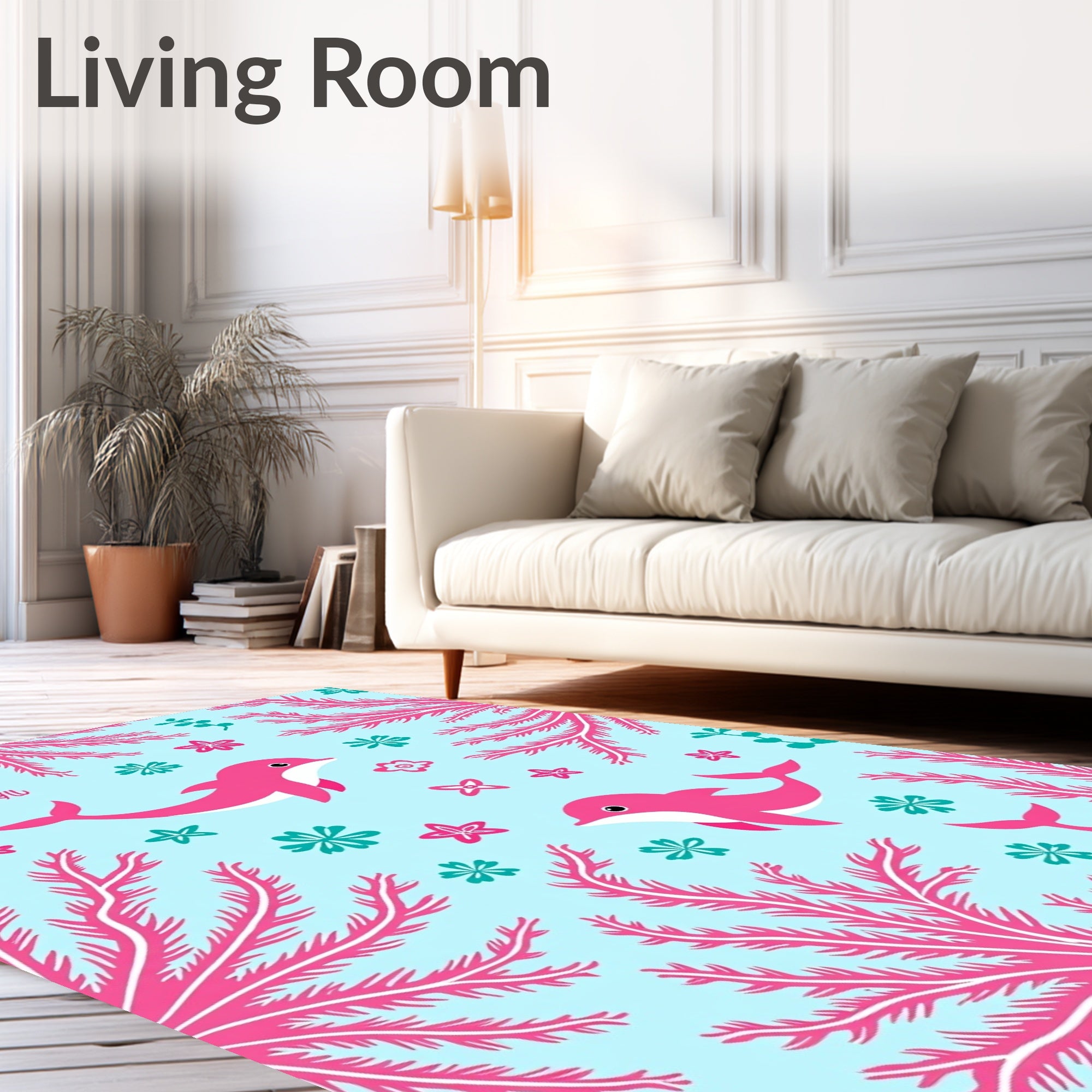 Pink Dolphins Coral Sea Life Whimsical Rug