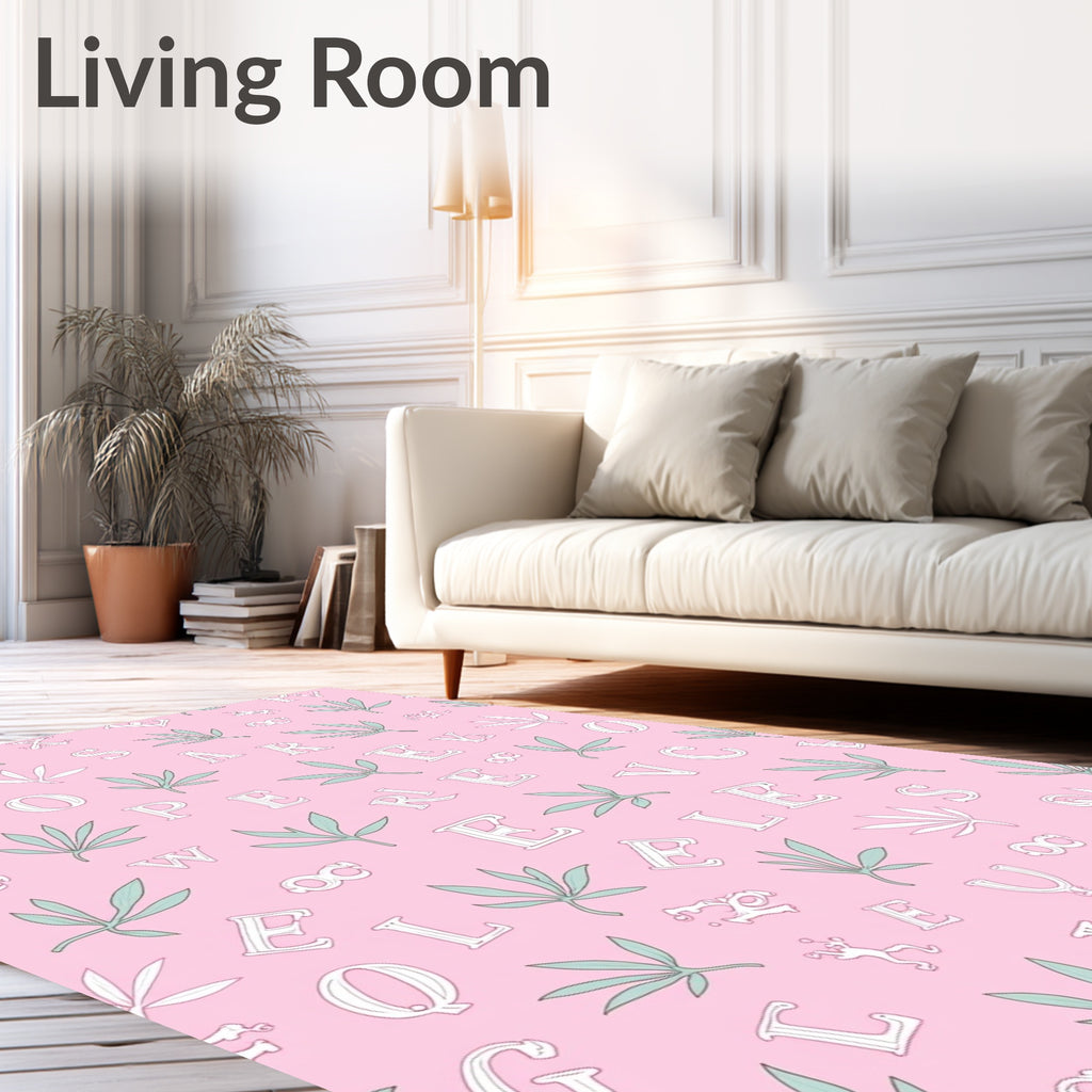 Pink Botanical Alphabet Collage Rug