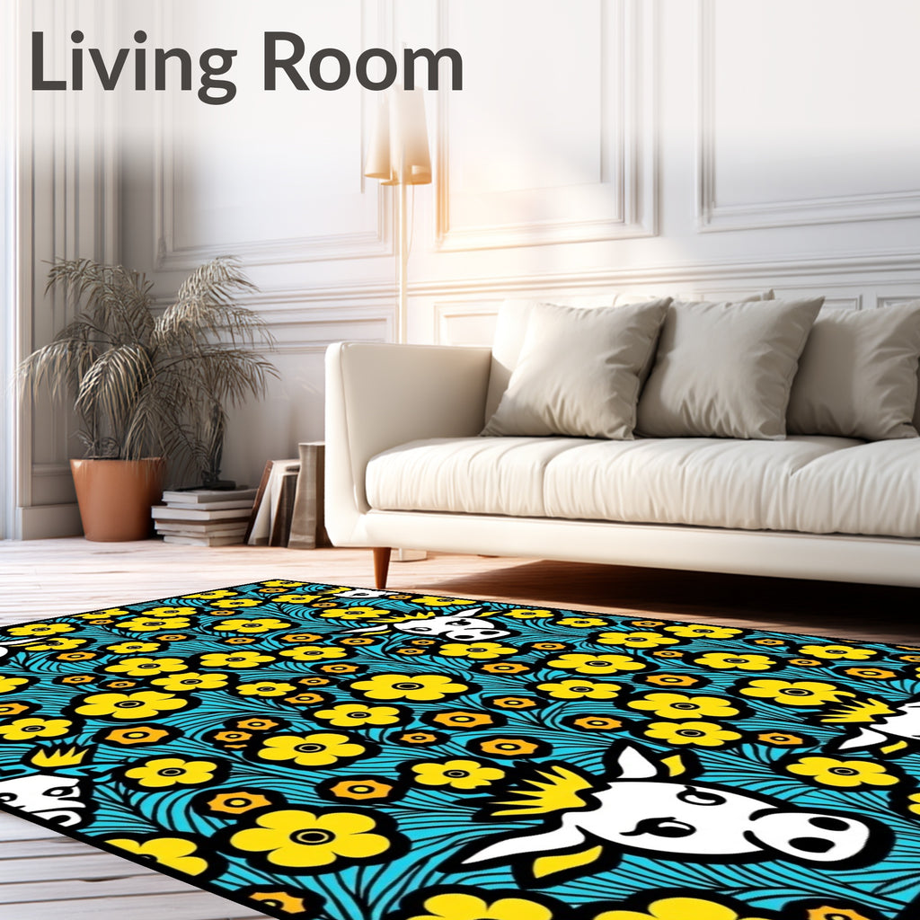 Whimsical Yellow Cow Floral Field Rug