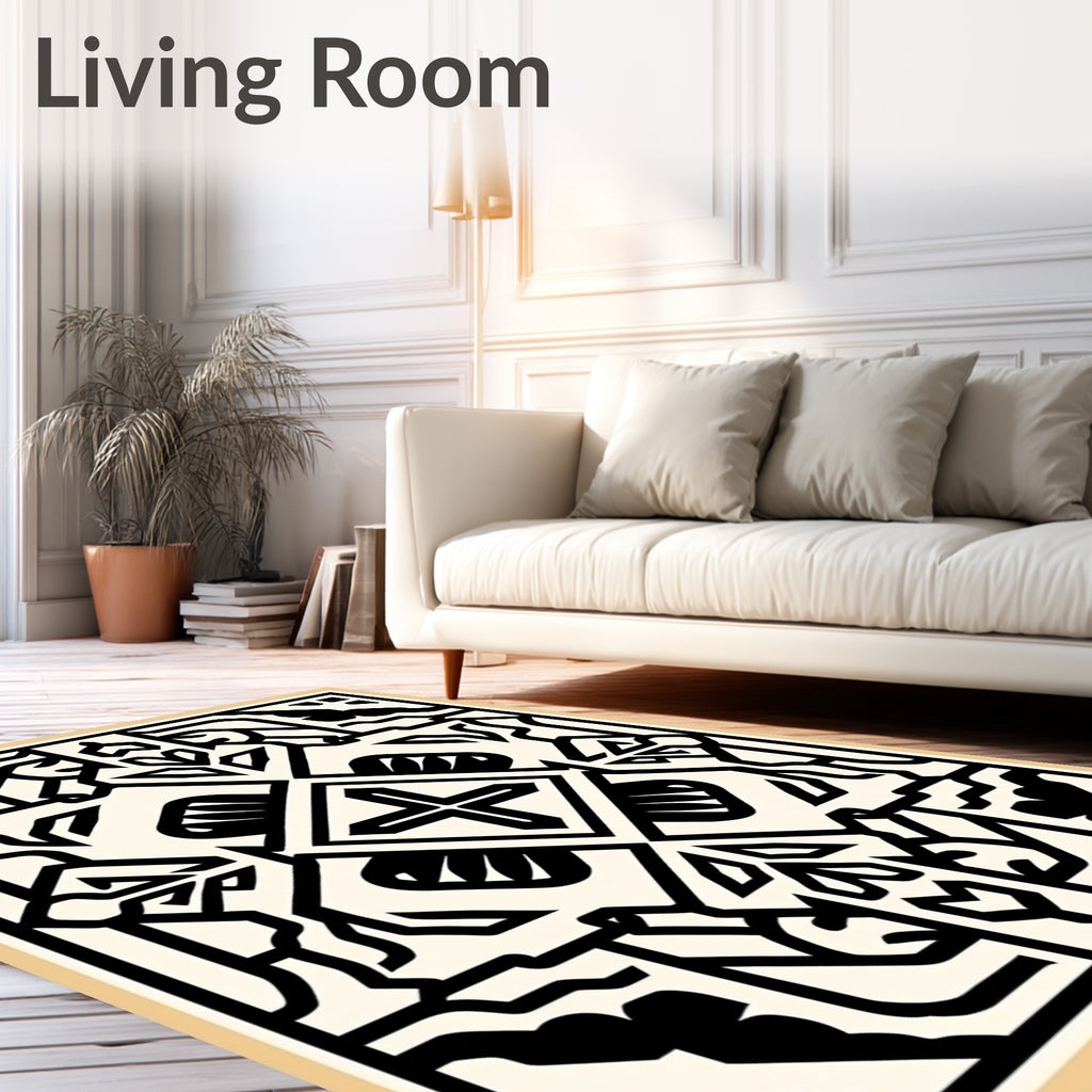 Bold Black Ivory Geometric Medallion Rug
