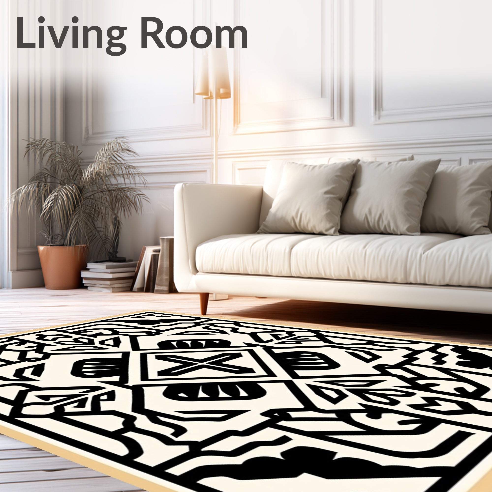 Bold Black Ivory Geometric Medallion Rug