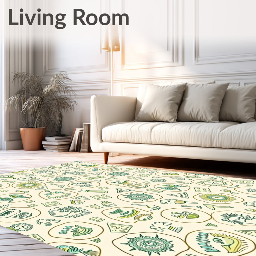 Whimsical Doodle Creatures Yellow Green Rug