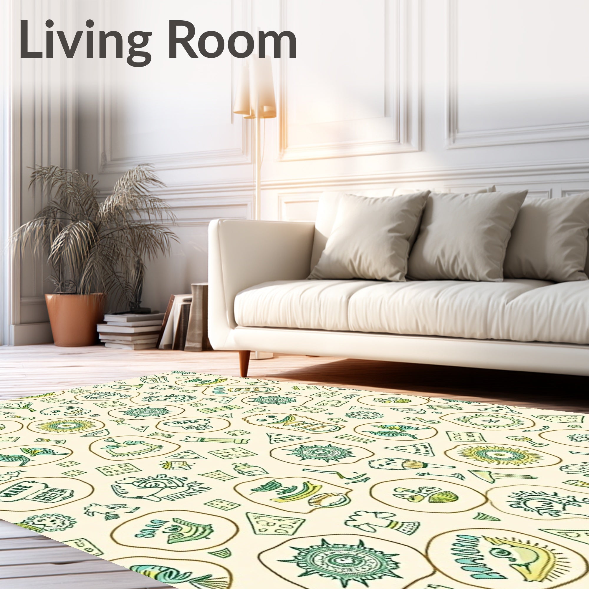 Whimsical Doodle Creatures Yellow Green Rug