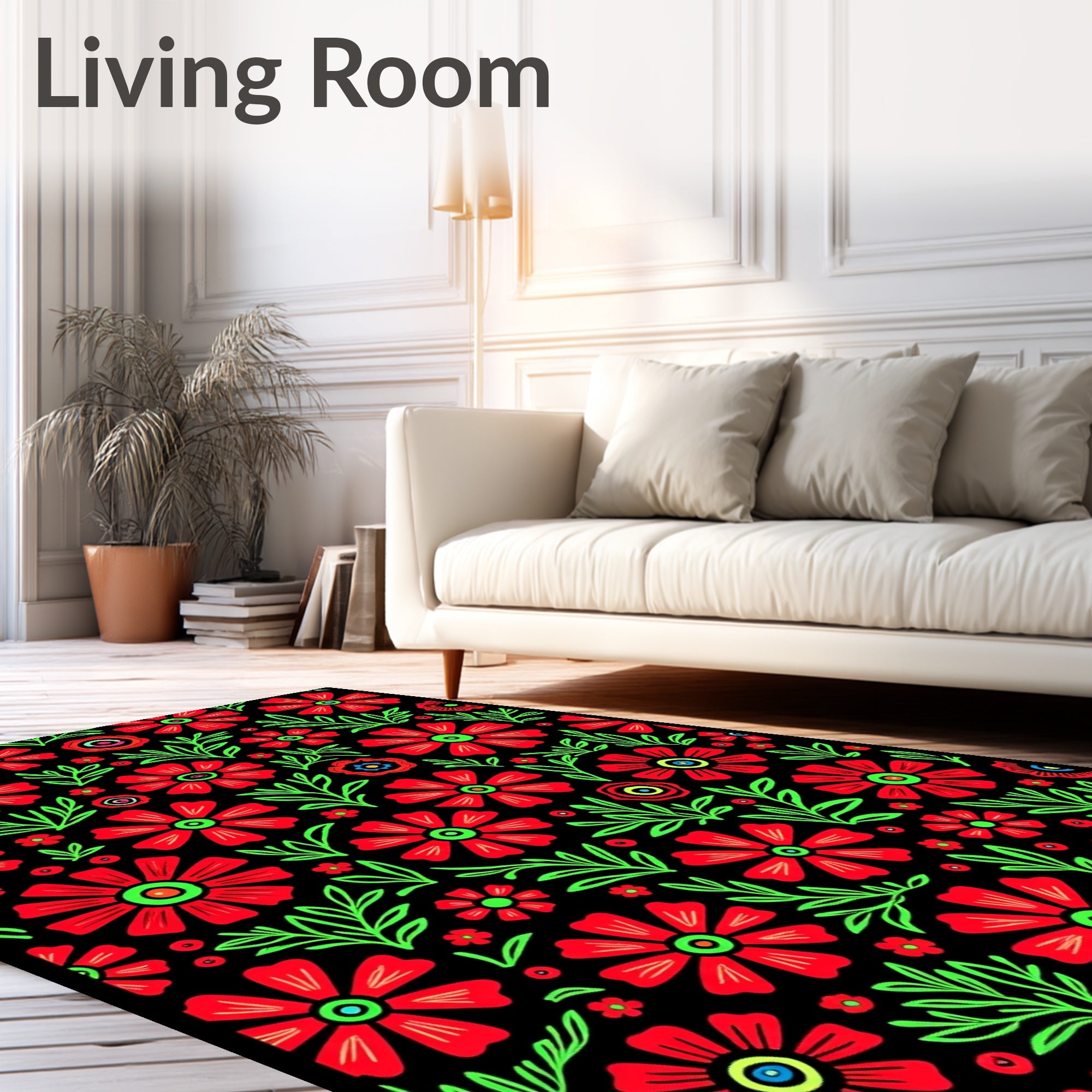 Vibrant Red Folk Floral Garden Rug