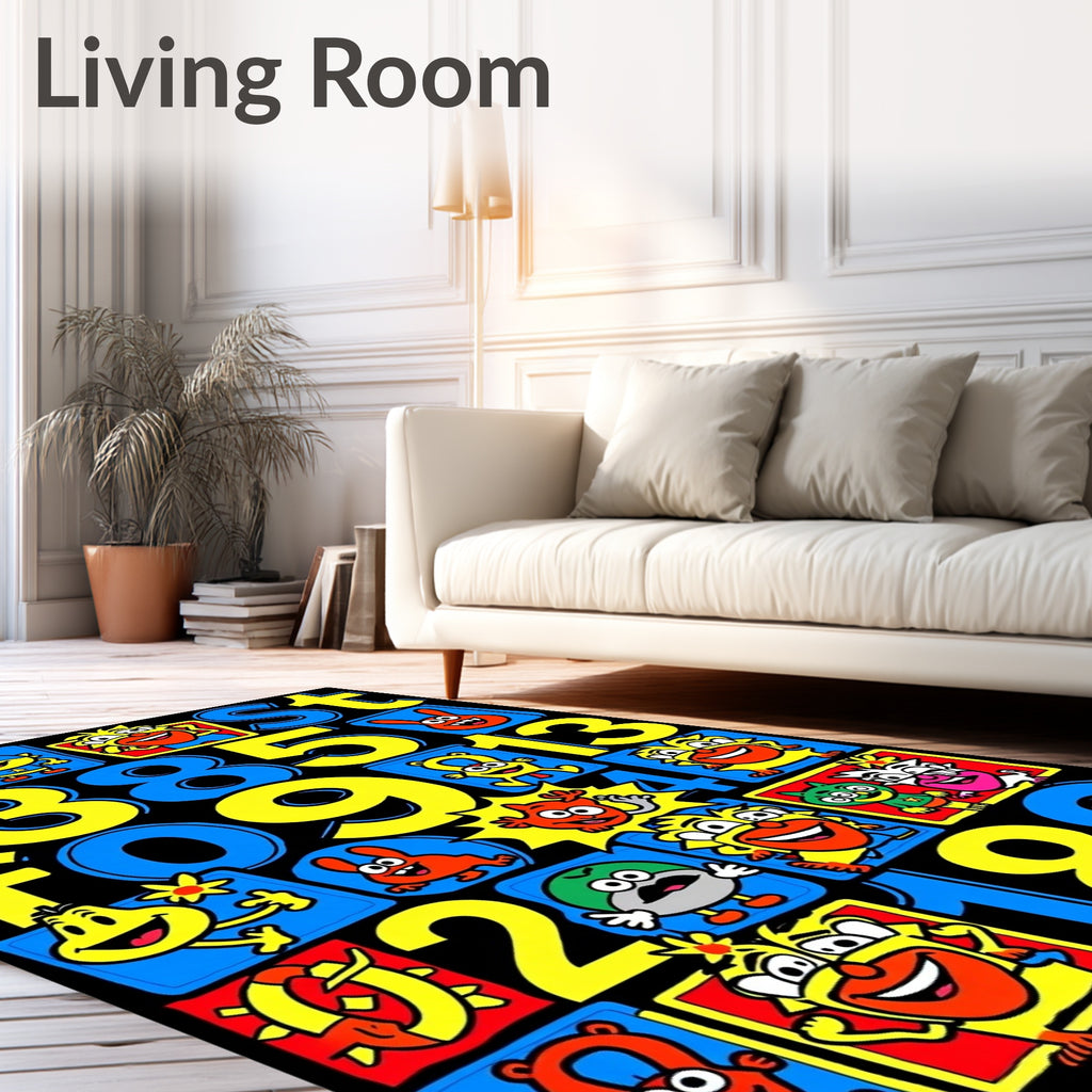 Playful Yellow Blue Cartoon Characters Numbers Rug
