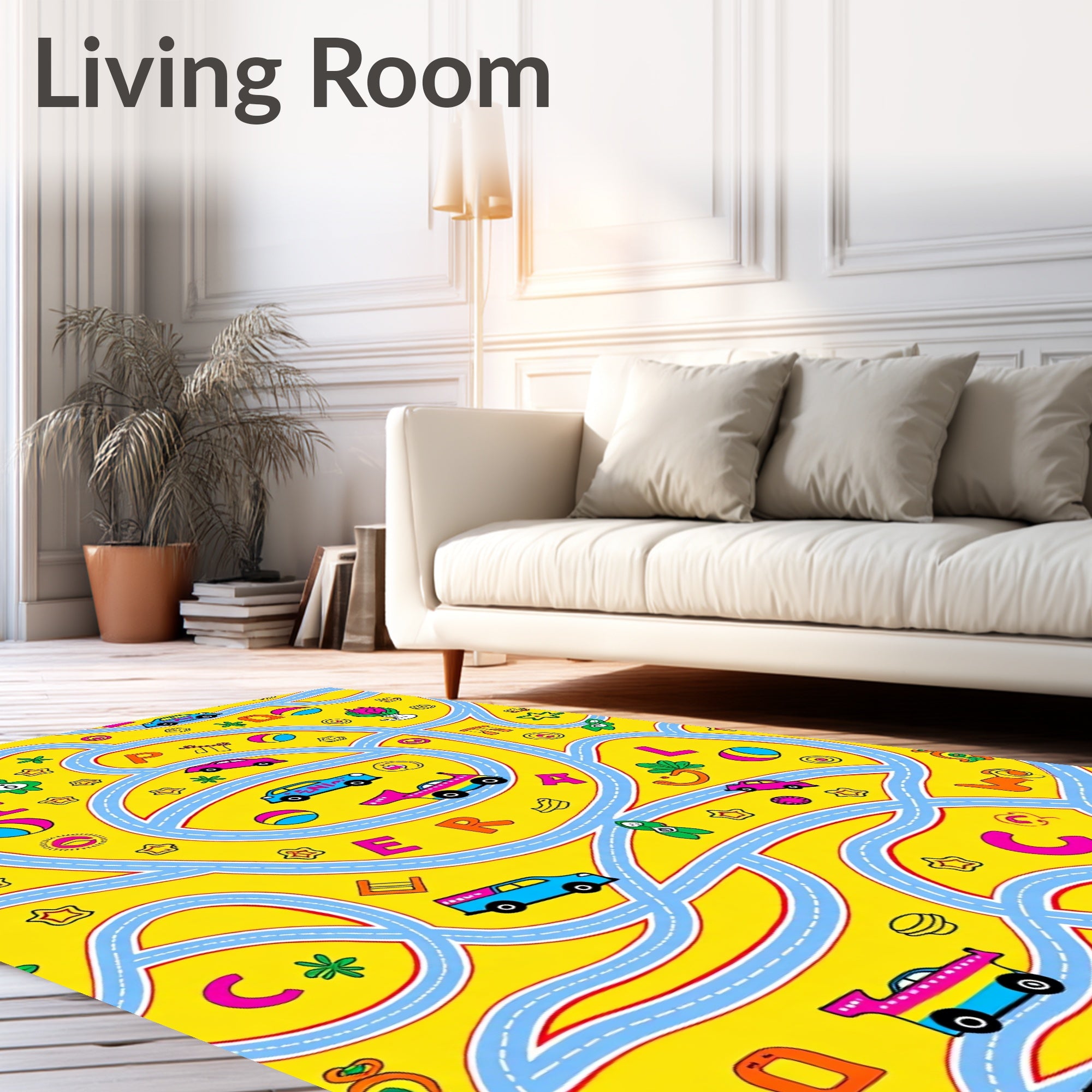 Playful Yellow Car Race Track Rug