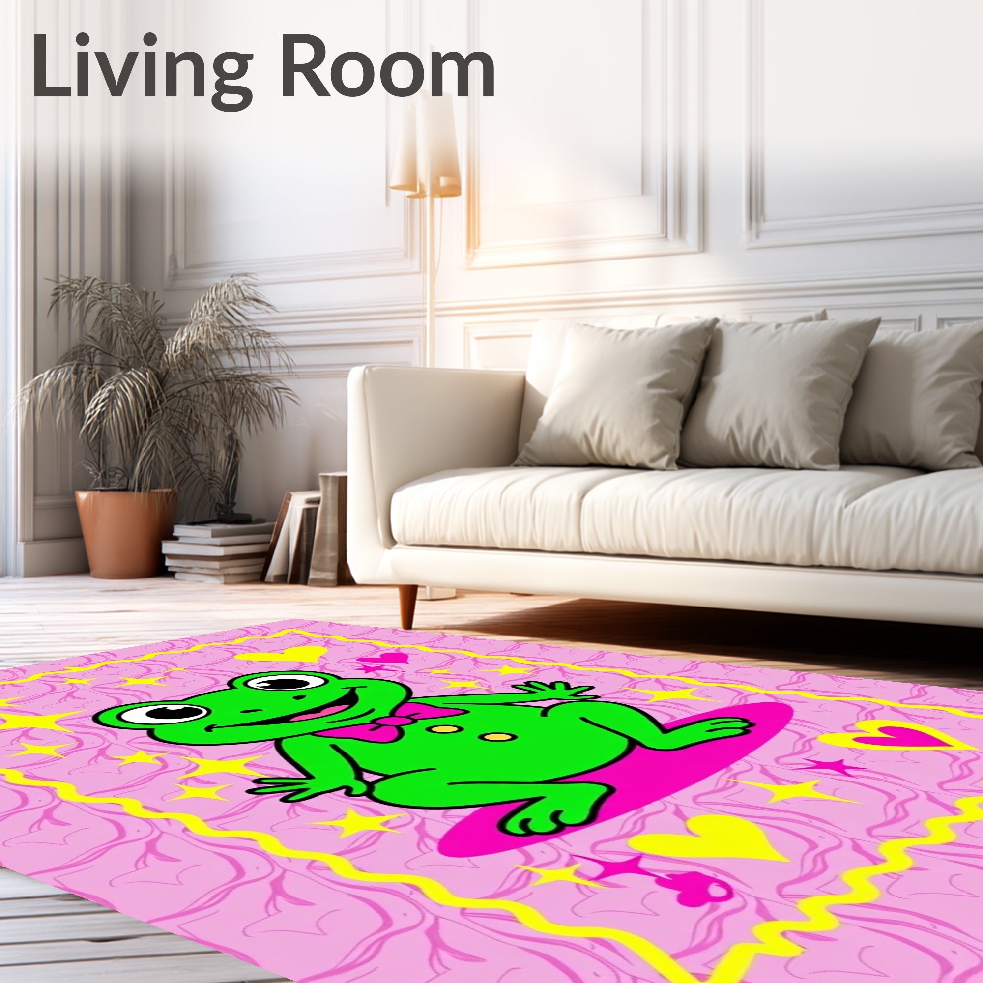 Whimsical Green Frog Pink Bow Hearts Rug