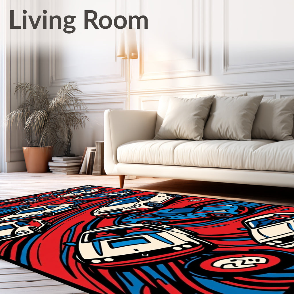 Red Blue Sporty Cars Racing Rug