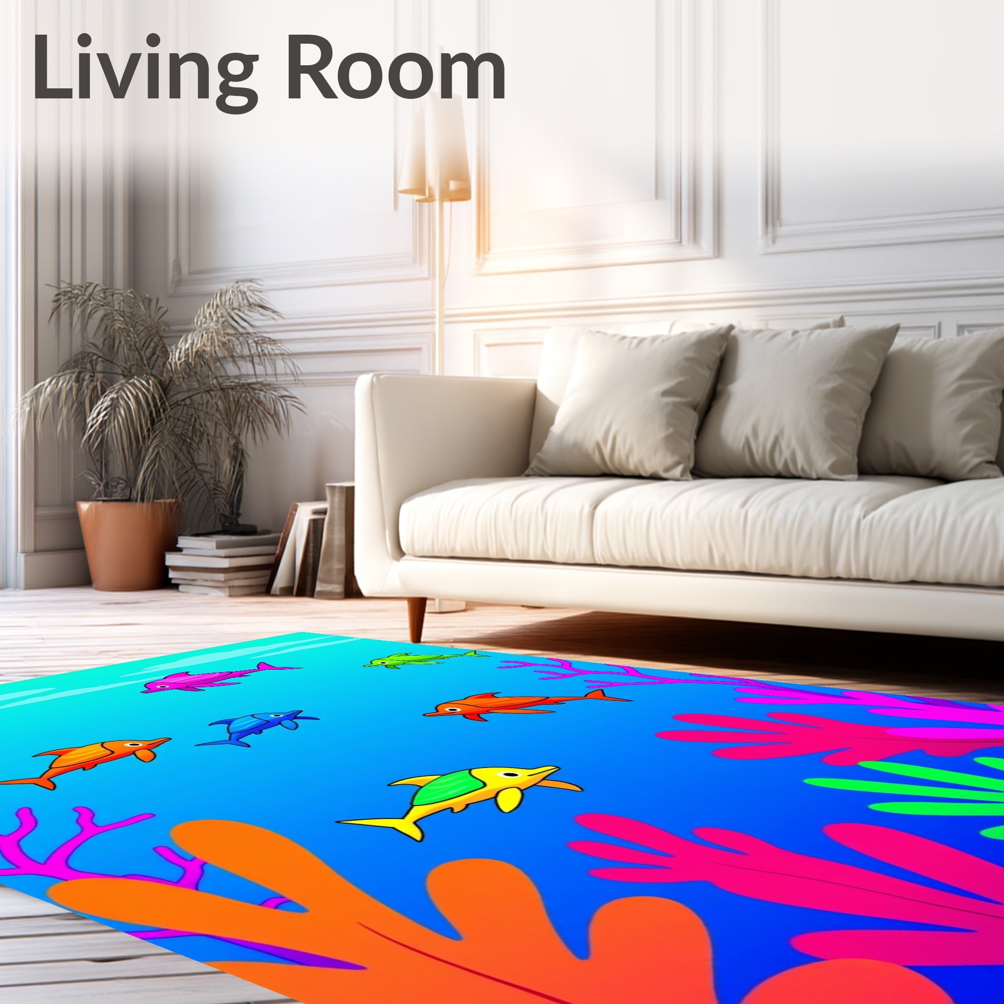 Playful Aquatic Dolphins Coral Scene Rug