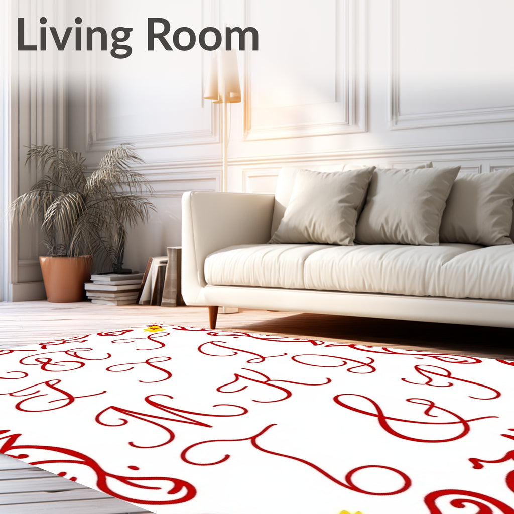 Red Calligraphic Alphabet Border Accent Rug