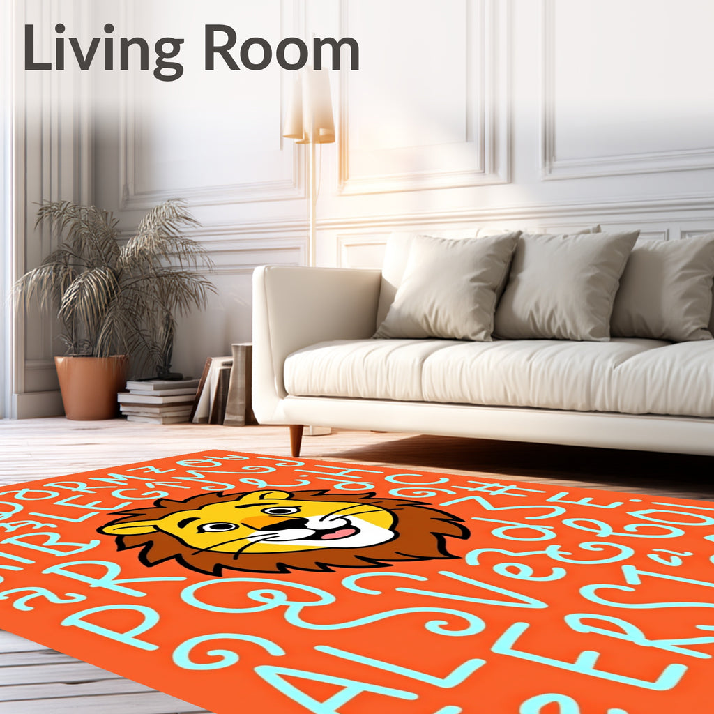 Playful Lion Alphabet Orange Background Rug