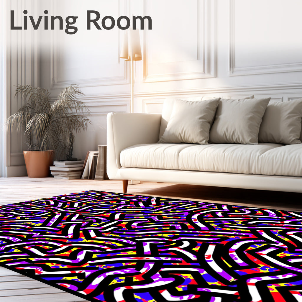 Bold Abstract Maze Red Yellow Violet Lines Rug
