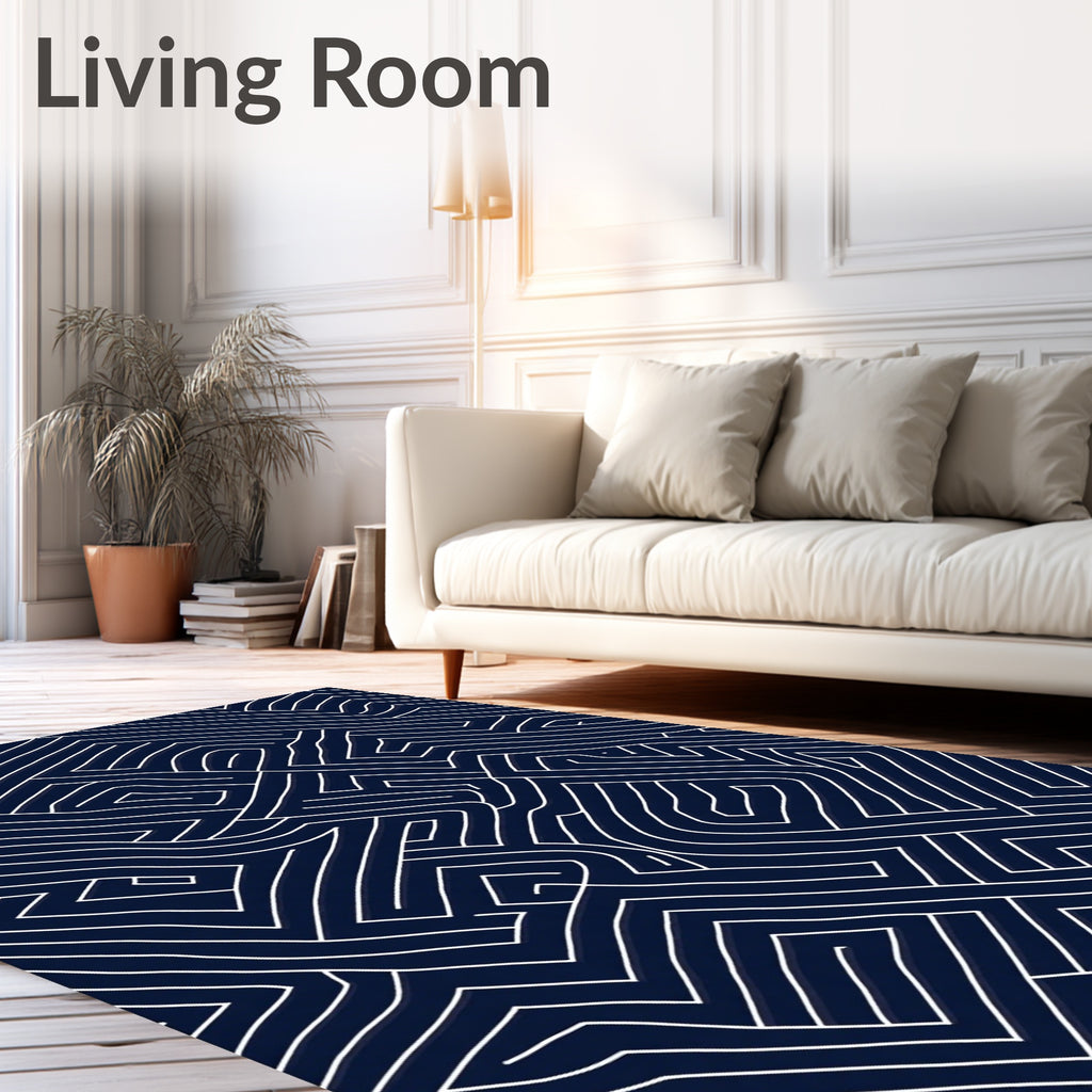 Dark Blue White Linear Topography Rug