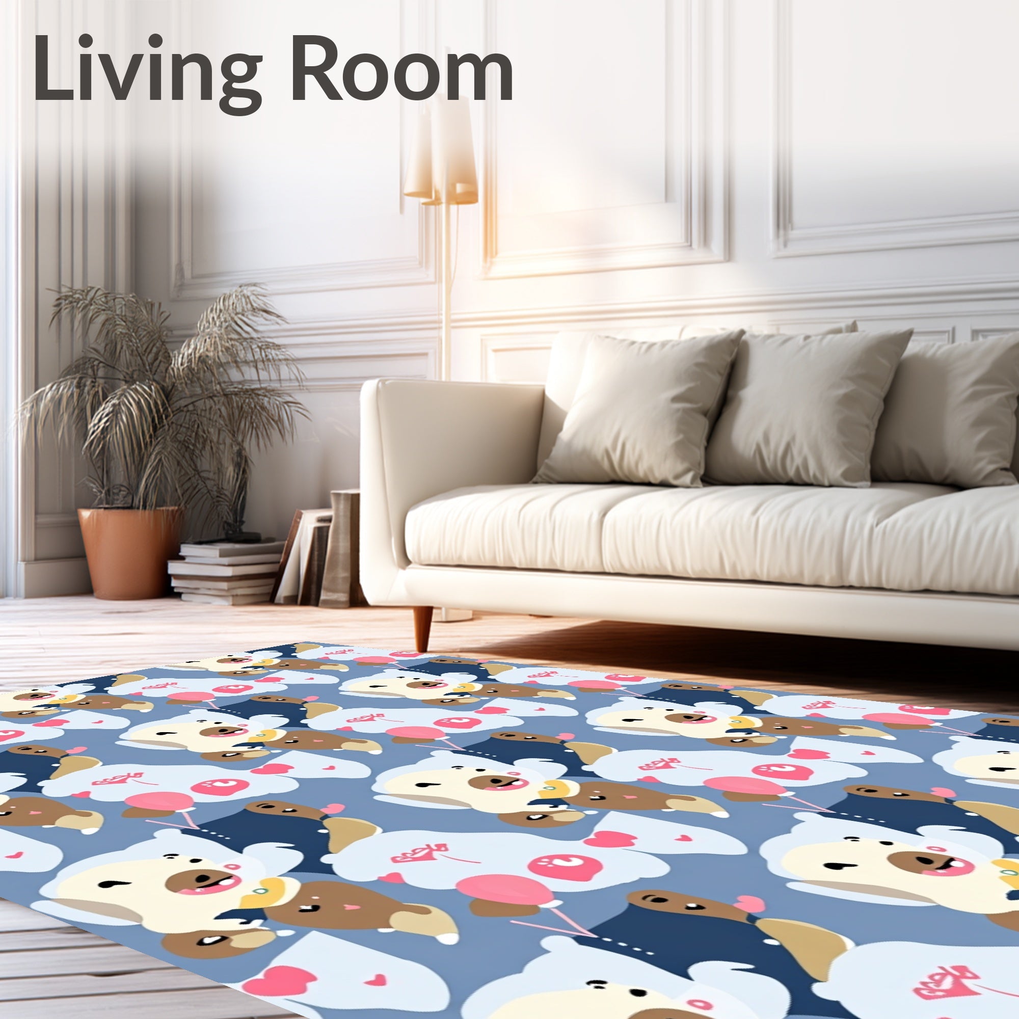 Playful puppies blue hearts balloons Rug