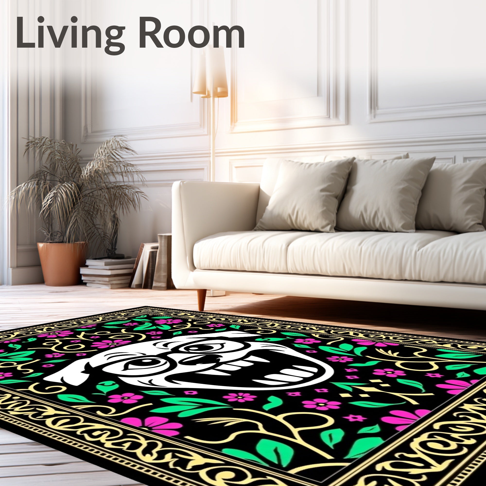 Whimsical Grinning Dog Pink Floral Rug