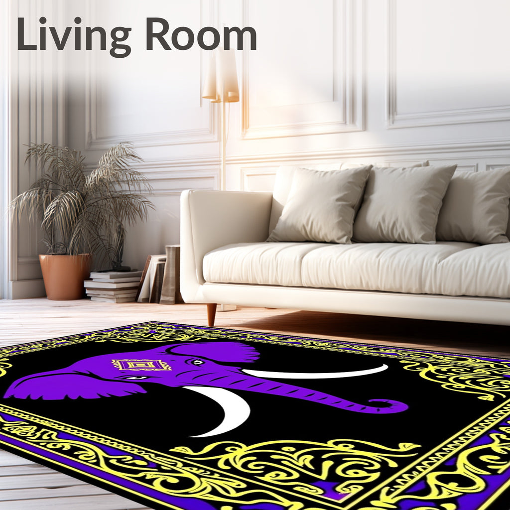 Purple Elephant Black Golden Floral Border Rug