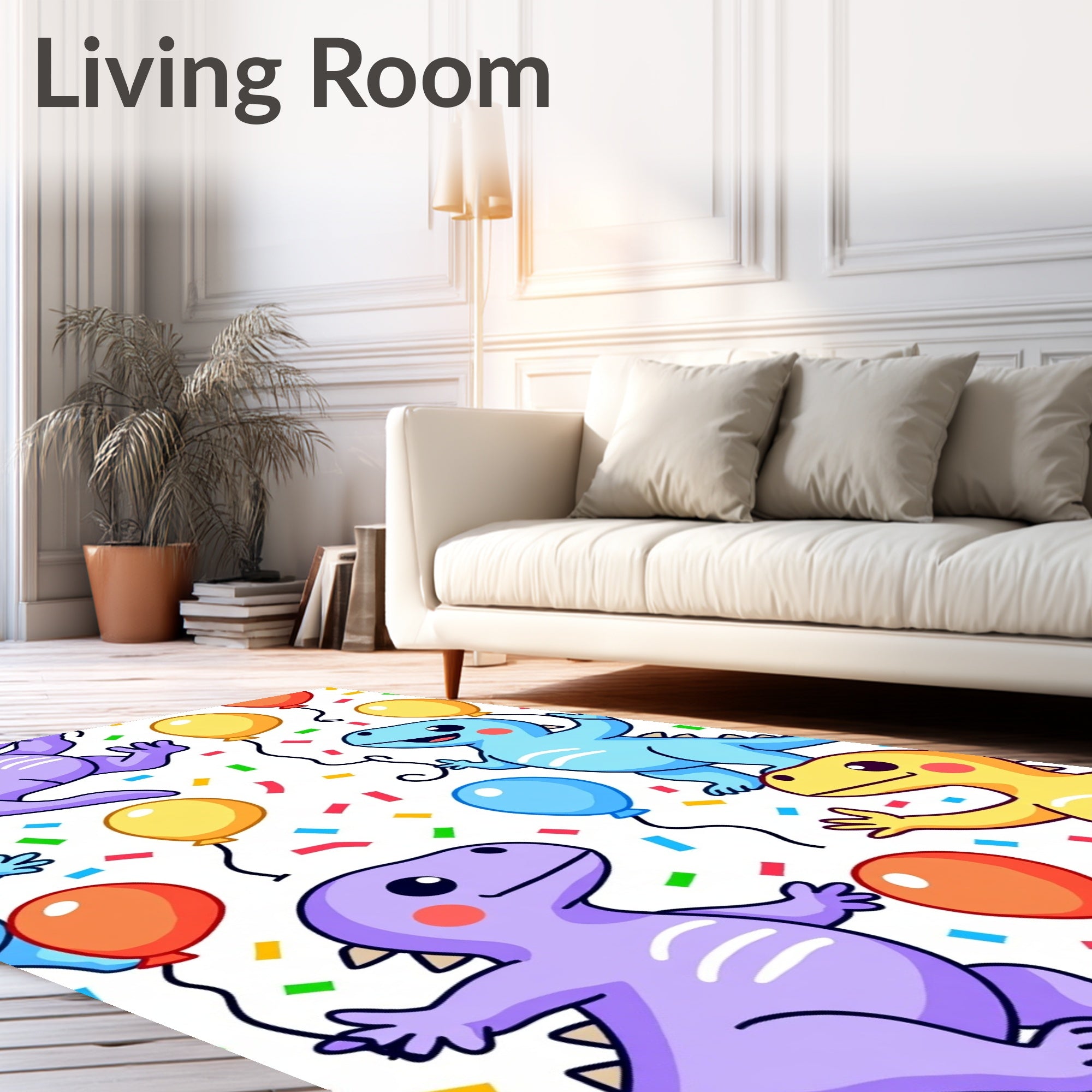 Playful Dinosaur Balloon Confetti Celebration Rug