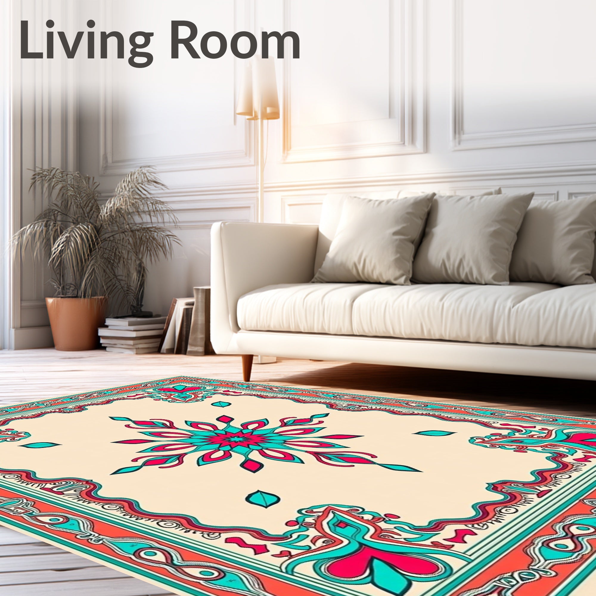 Vibrant Coral Teal Floral Medallion Rug