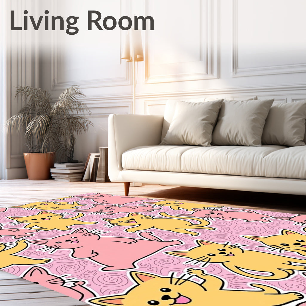 Pink Yellow Cheerful Kittens Swirl Rug