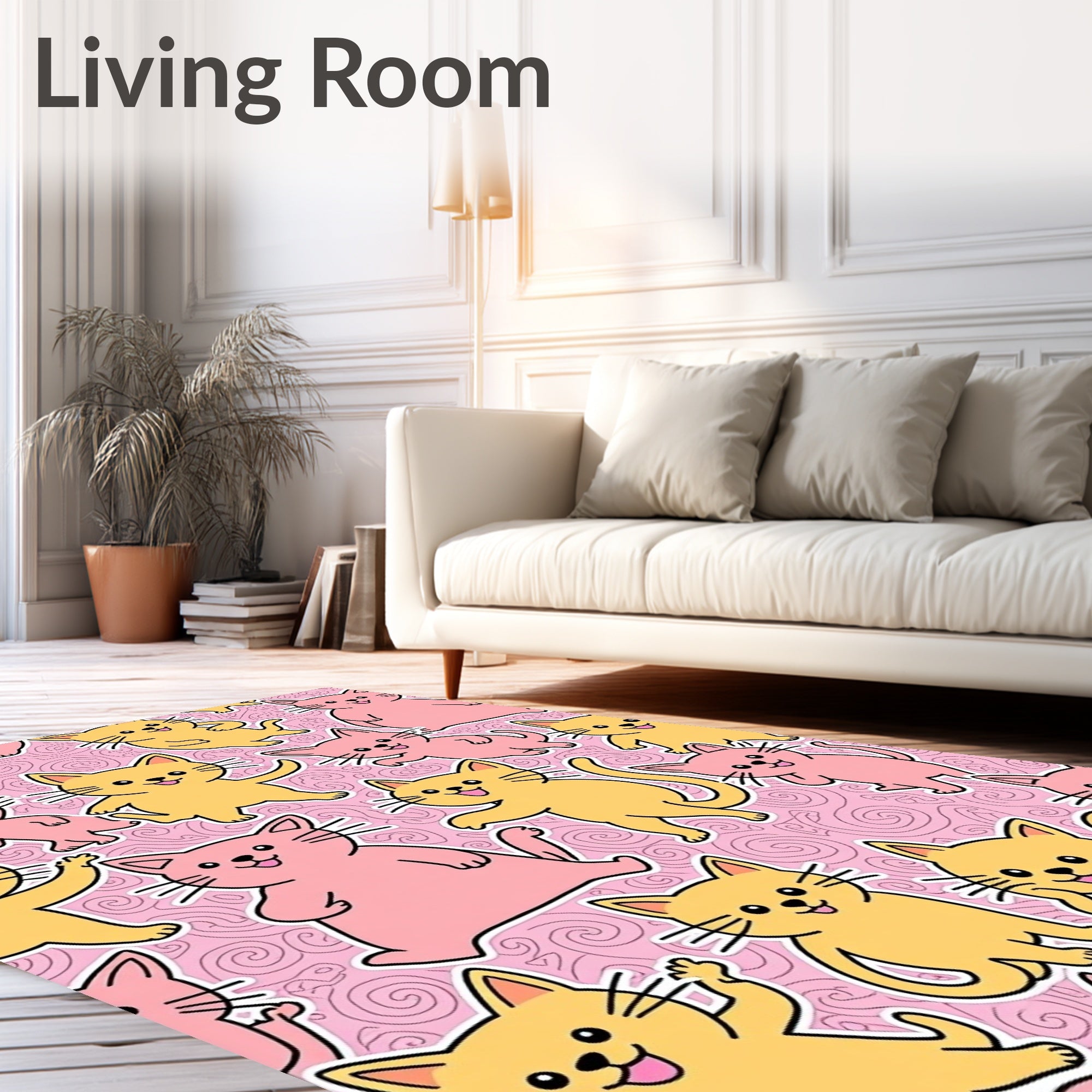 Pink Yellow Cheerful Kittens Swirl Rug
