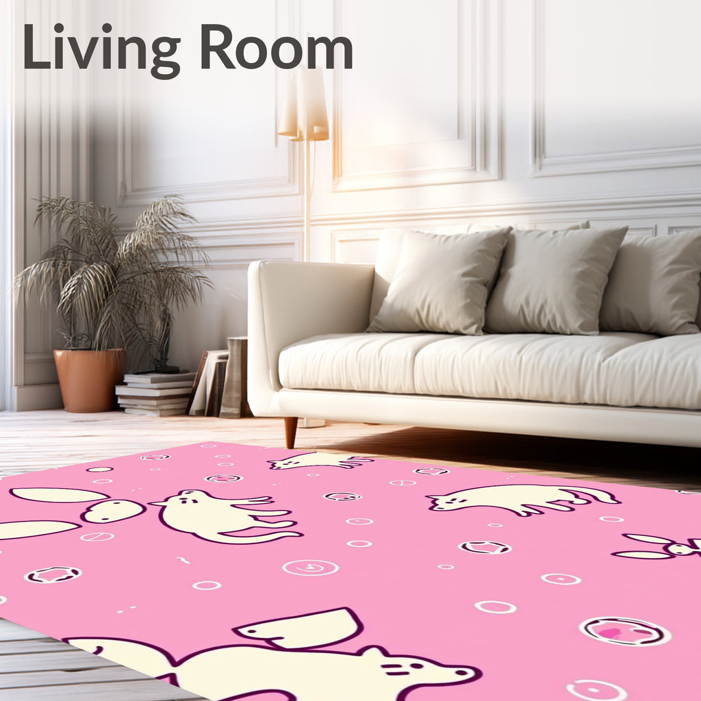 Whimsical Cream Animals Pink Circles Rug