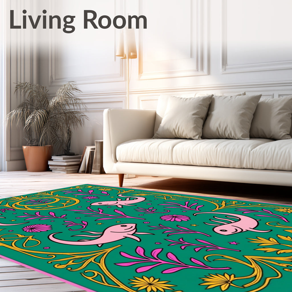 Whimsical Pink Axolotl Floral Border Rug