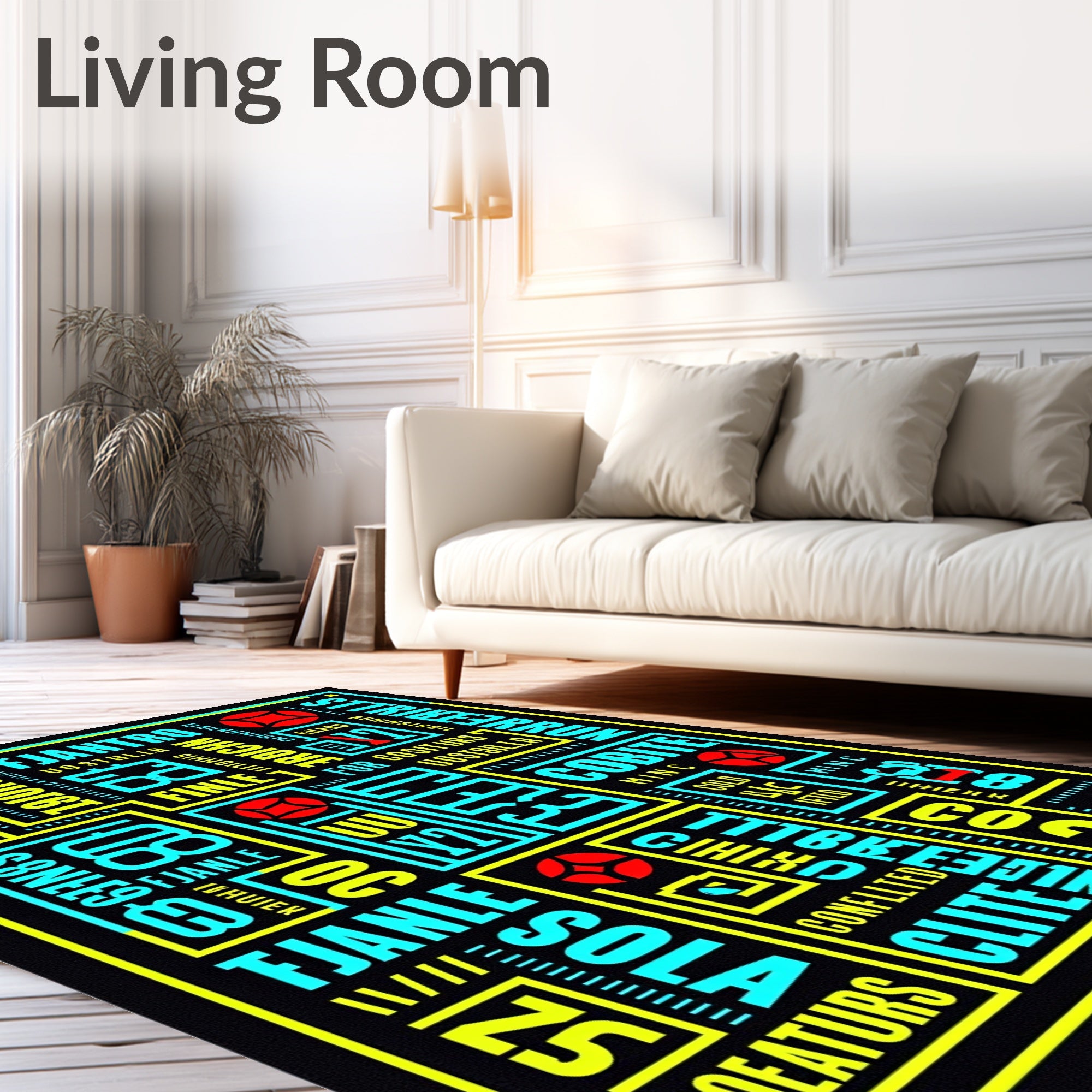 Bold Cyan Red Geometric Typography Rug