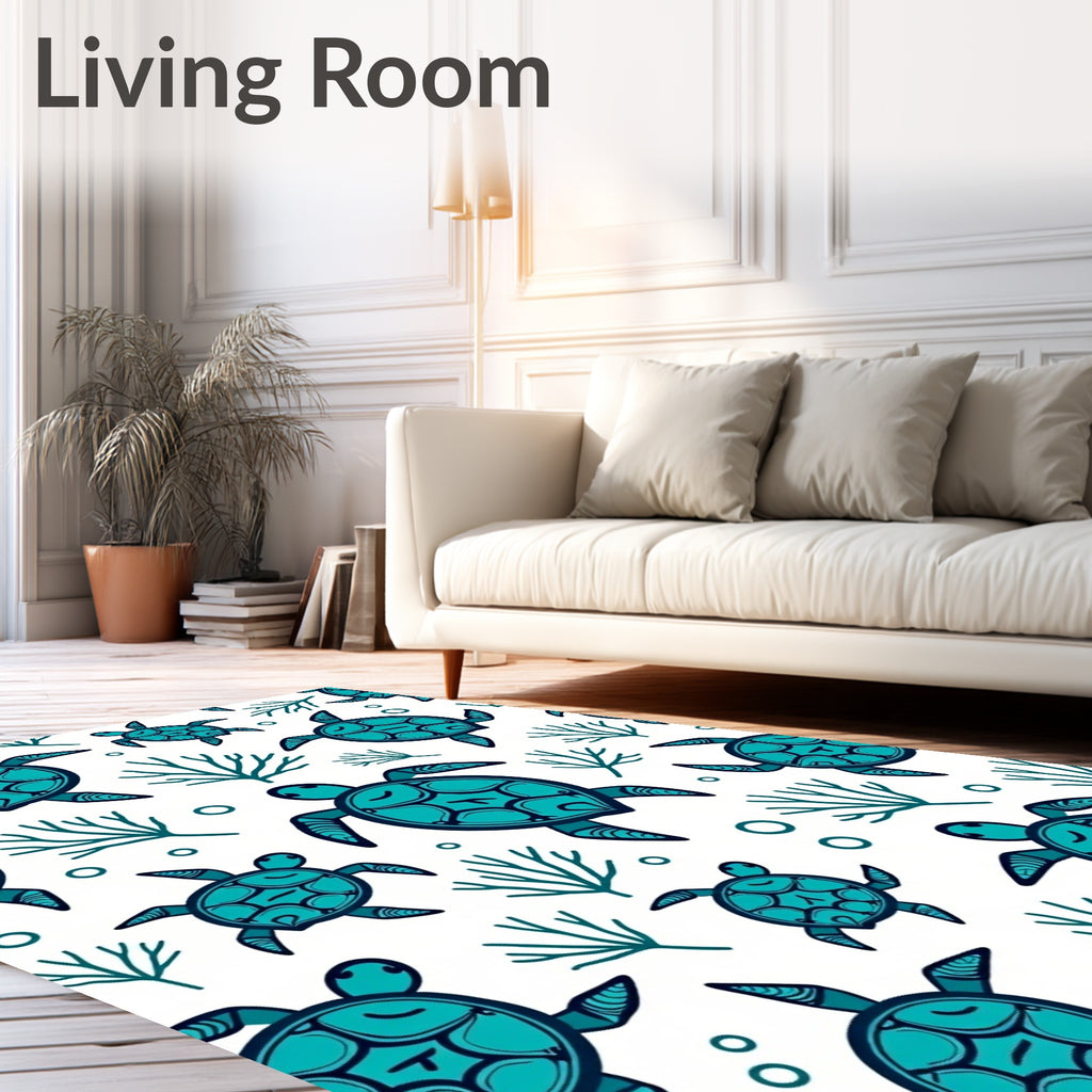 Vibrant Teal Sea Turtle Coral Collage Rug