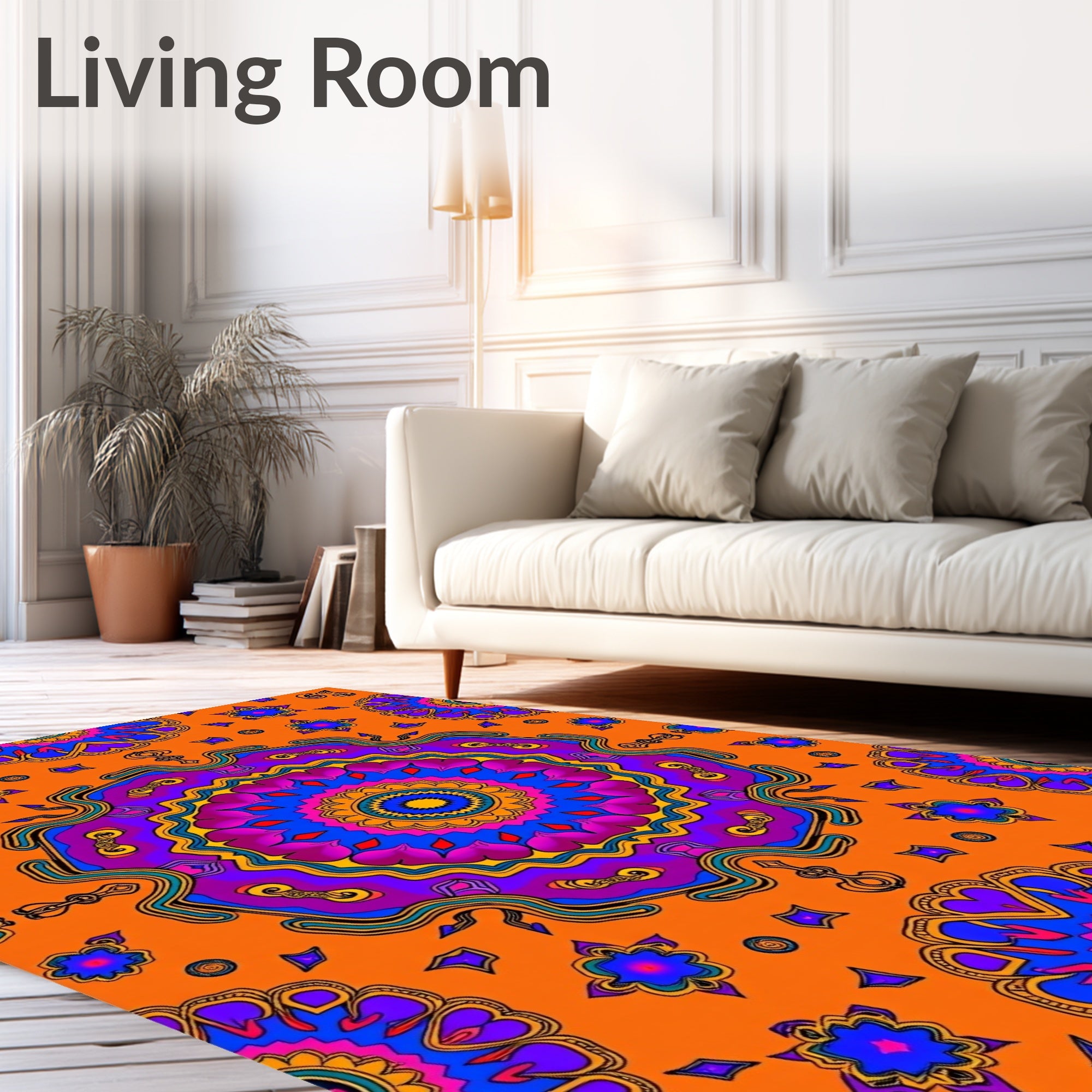 Vibrant Orange Mandala Floral Burst Rug