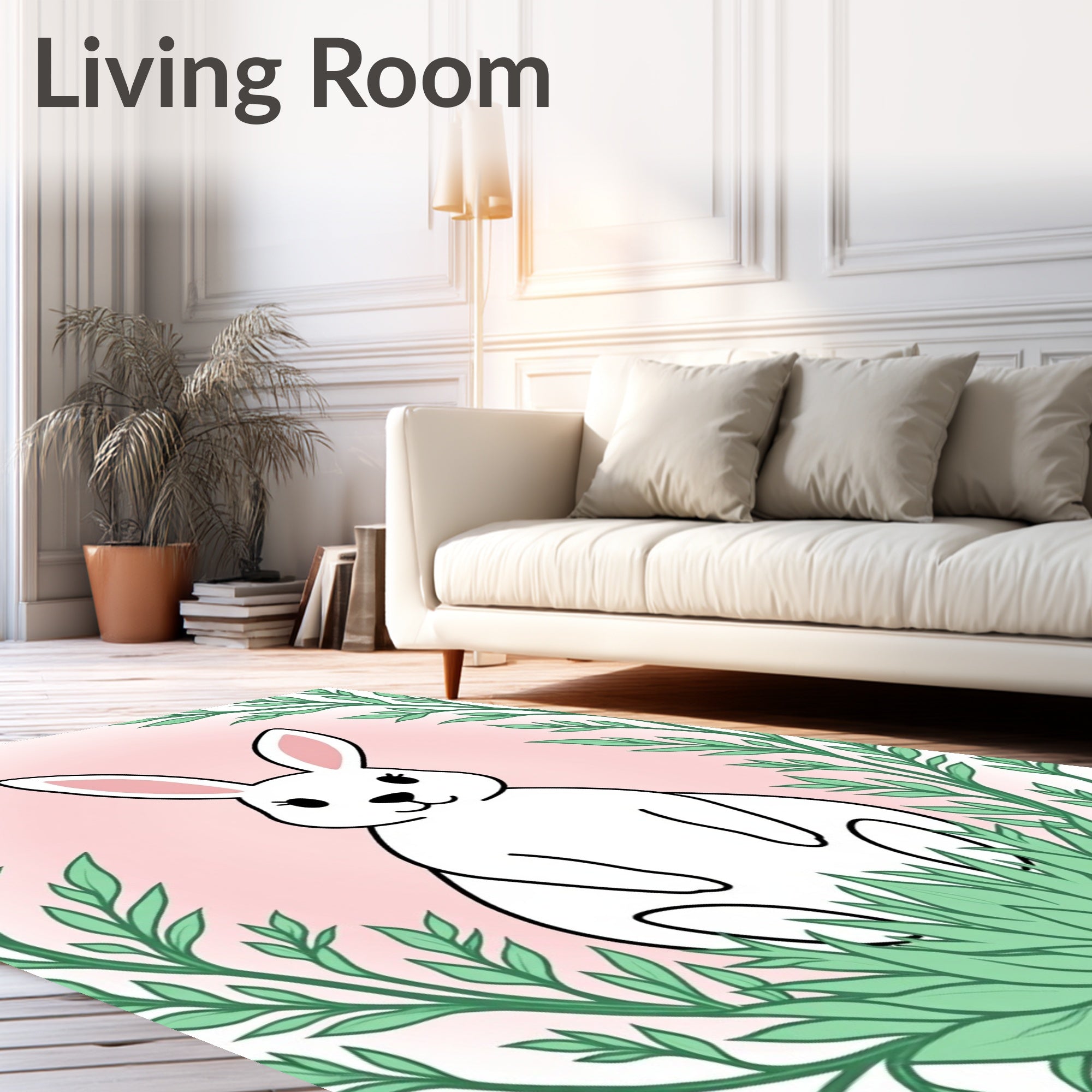 Cute White Bunny Surrounded by Greenery Rug
