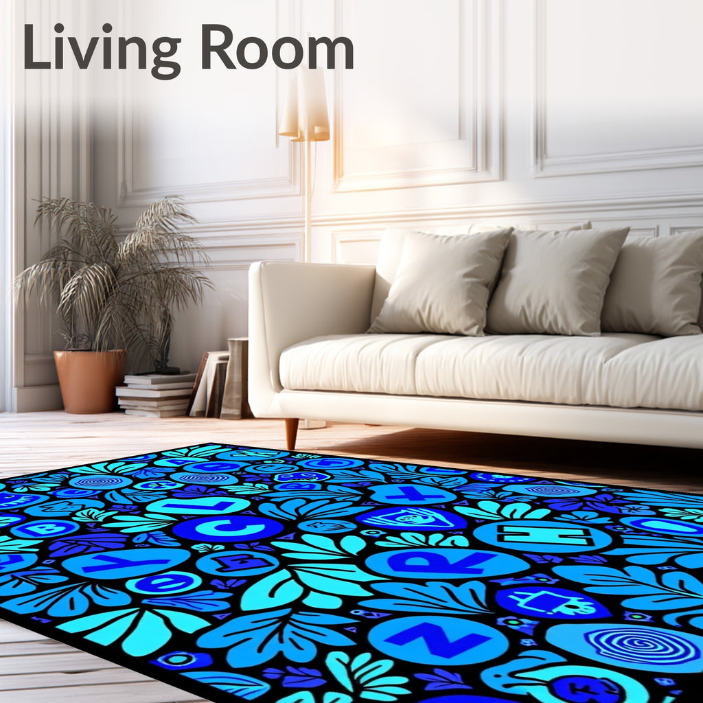 Playful Blue Alphabet Floral Collage Rug