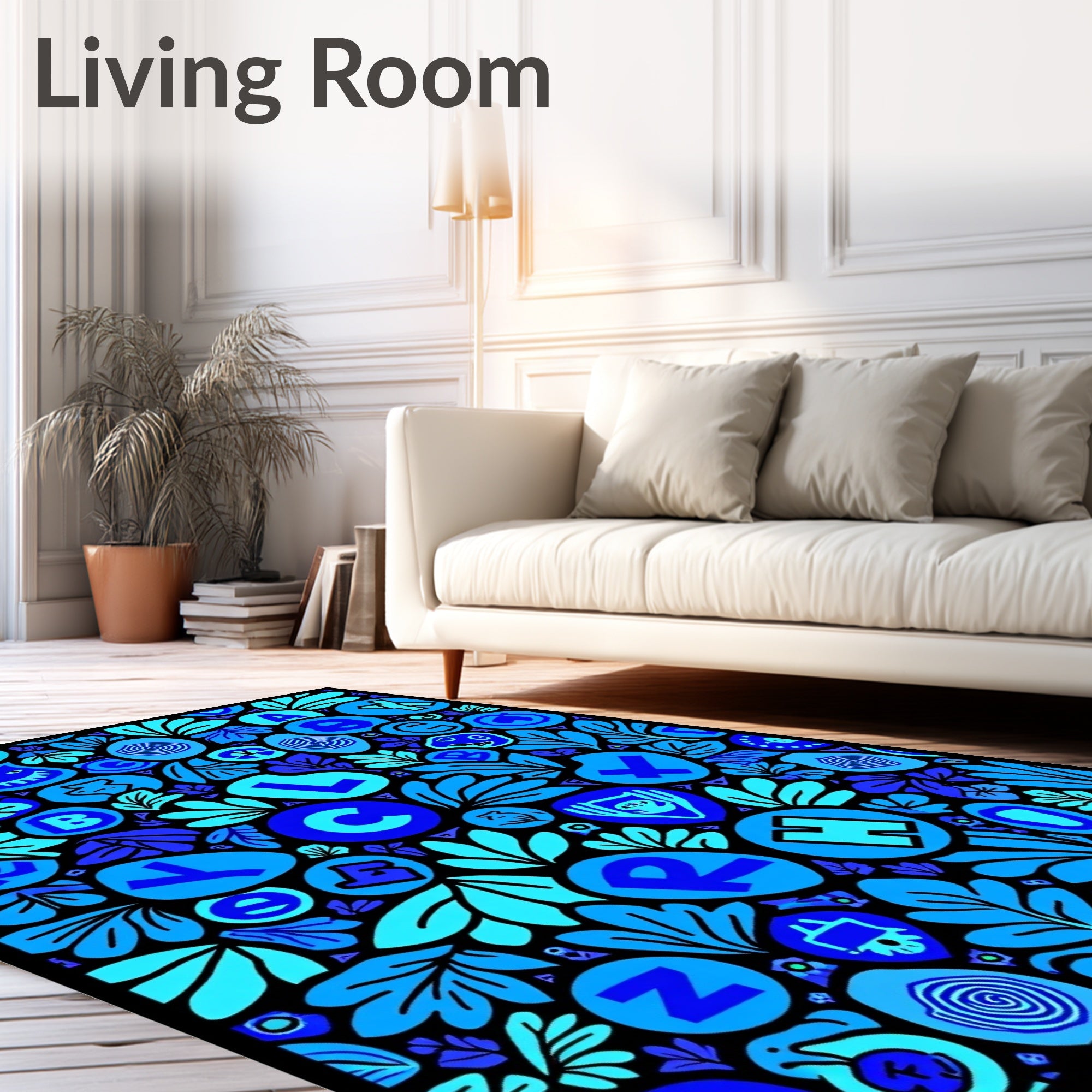 Playful Blue Alphabet Floral Collage Rug