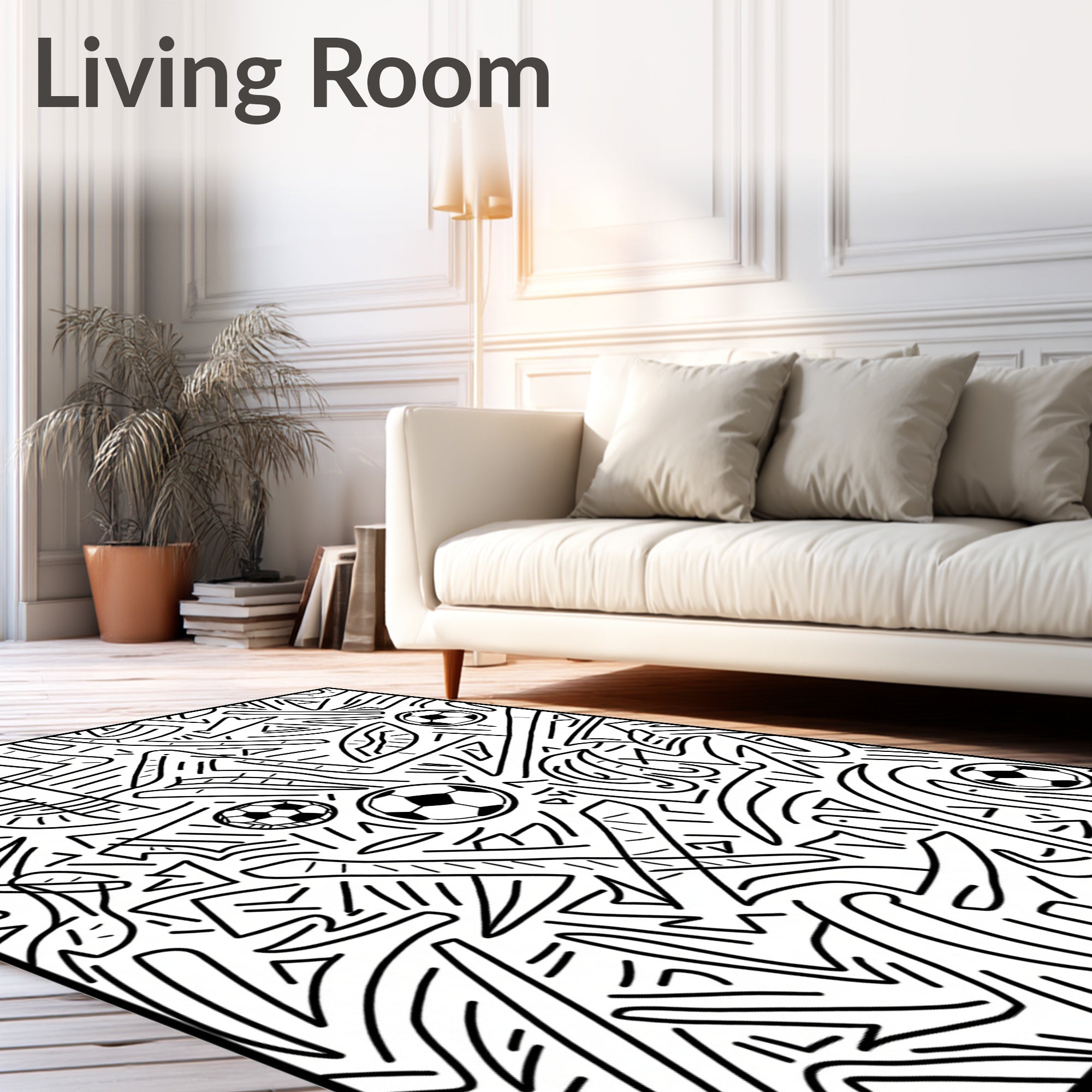 Playful Sketchy Soccer Balls Abstract Art Rug