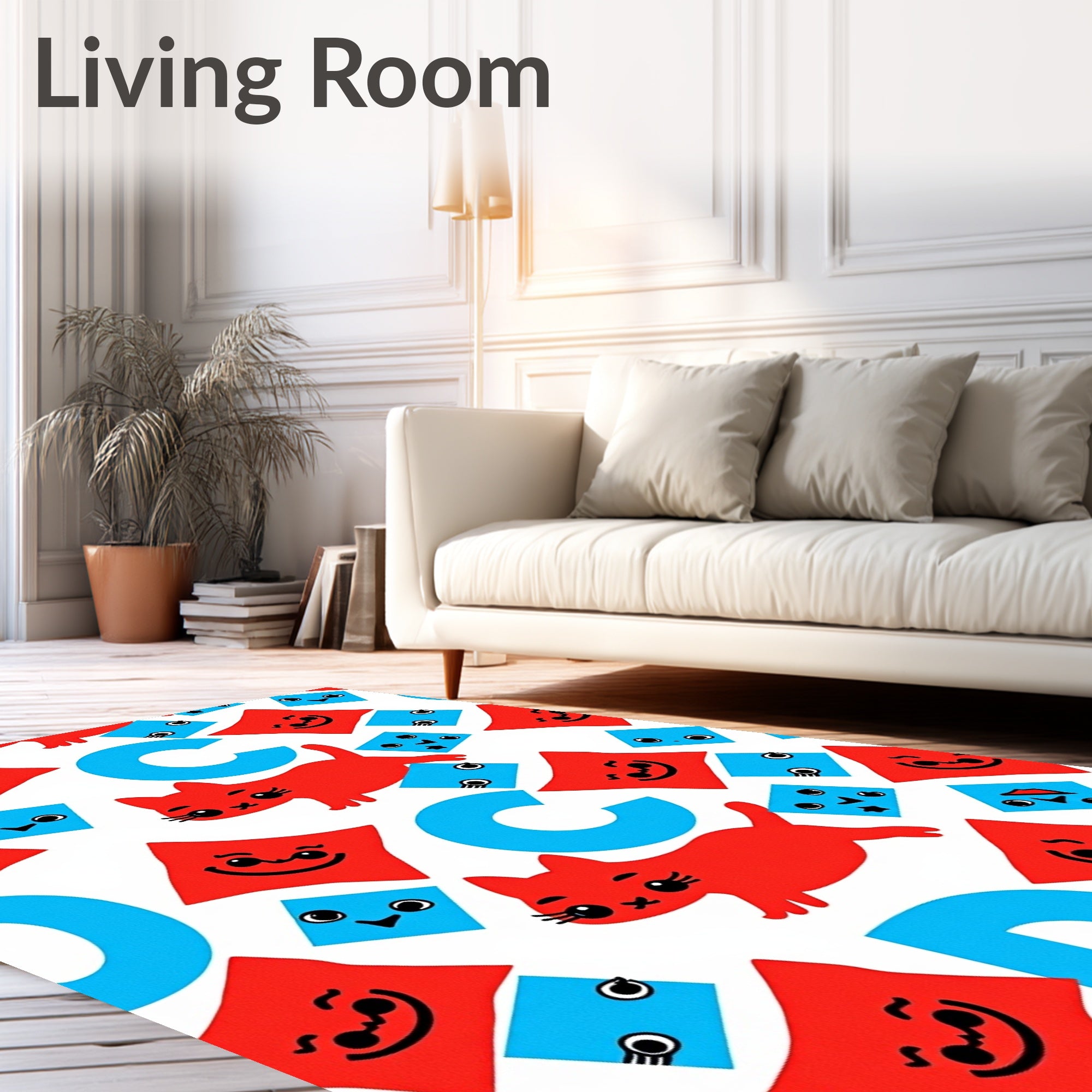 Red Cats Blue Squares Letters Rug