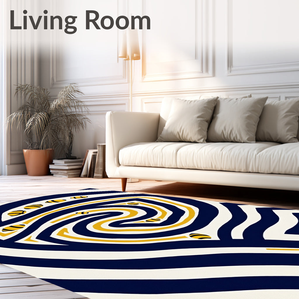 Navy Yellow Swirling Bee Stripe Rug