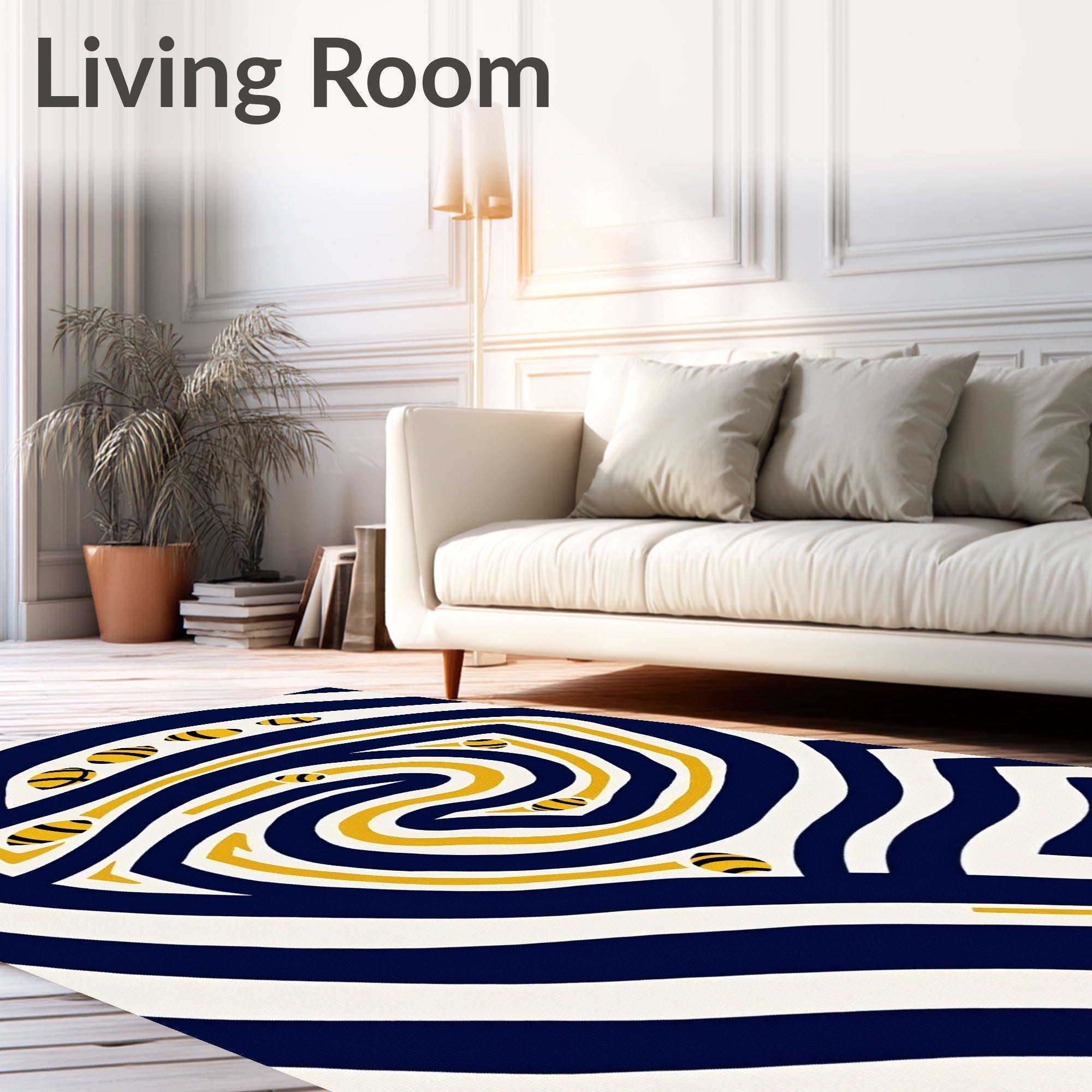 Navy Yellow Swirling Bee Stripe Rug
