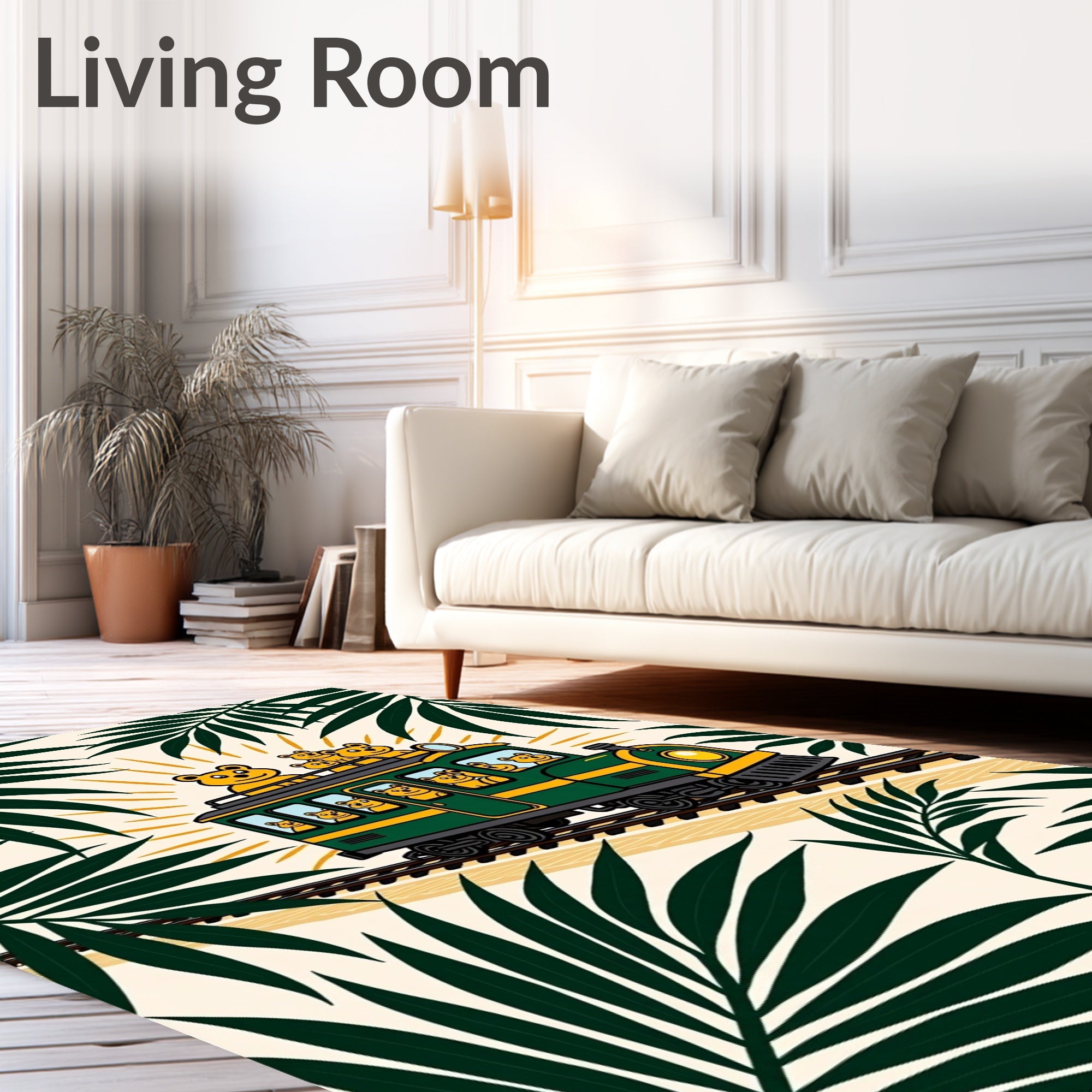 Green Train with Yellow Bears Tropical Journey Rug