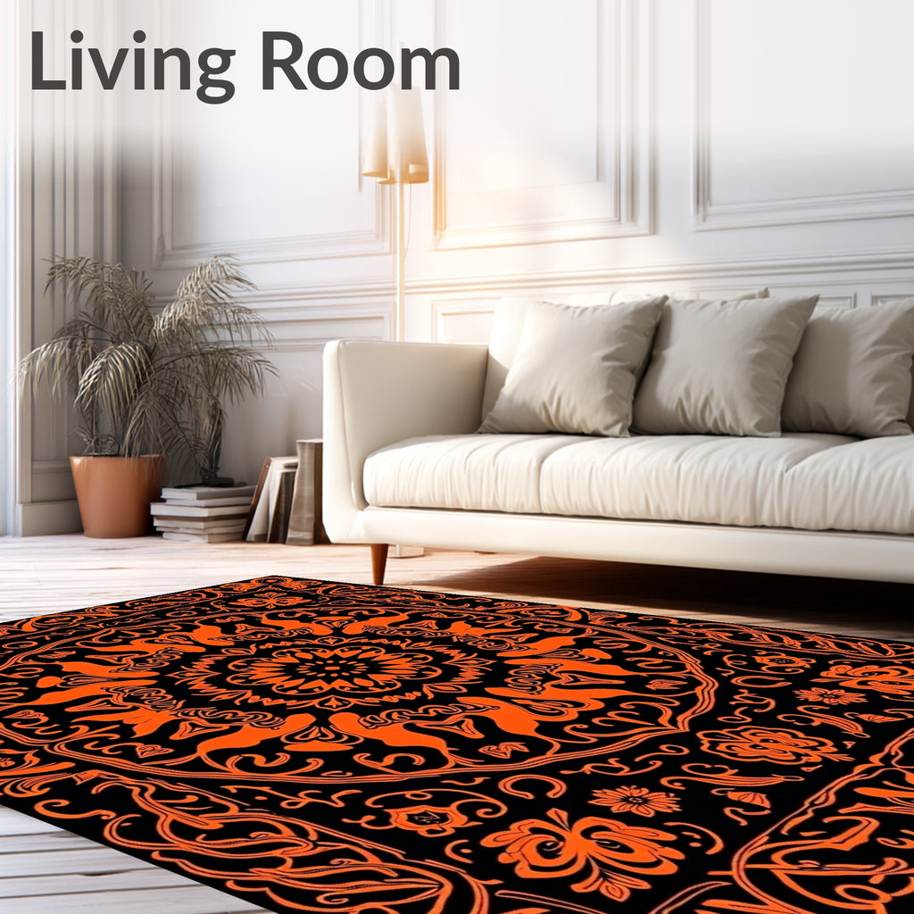 Vibrant Orange Black Floral Medallion Tapestry Rug