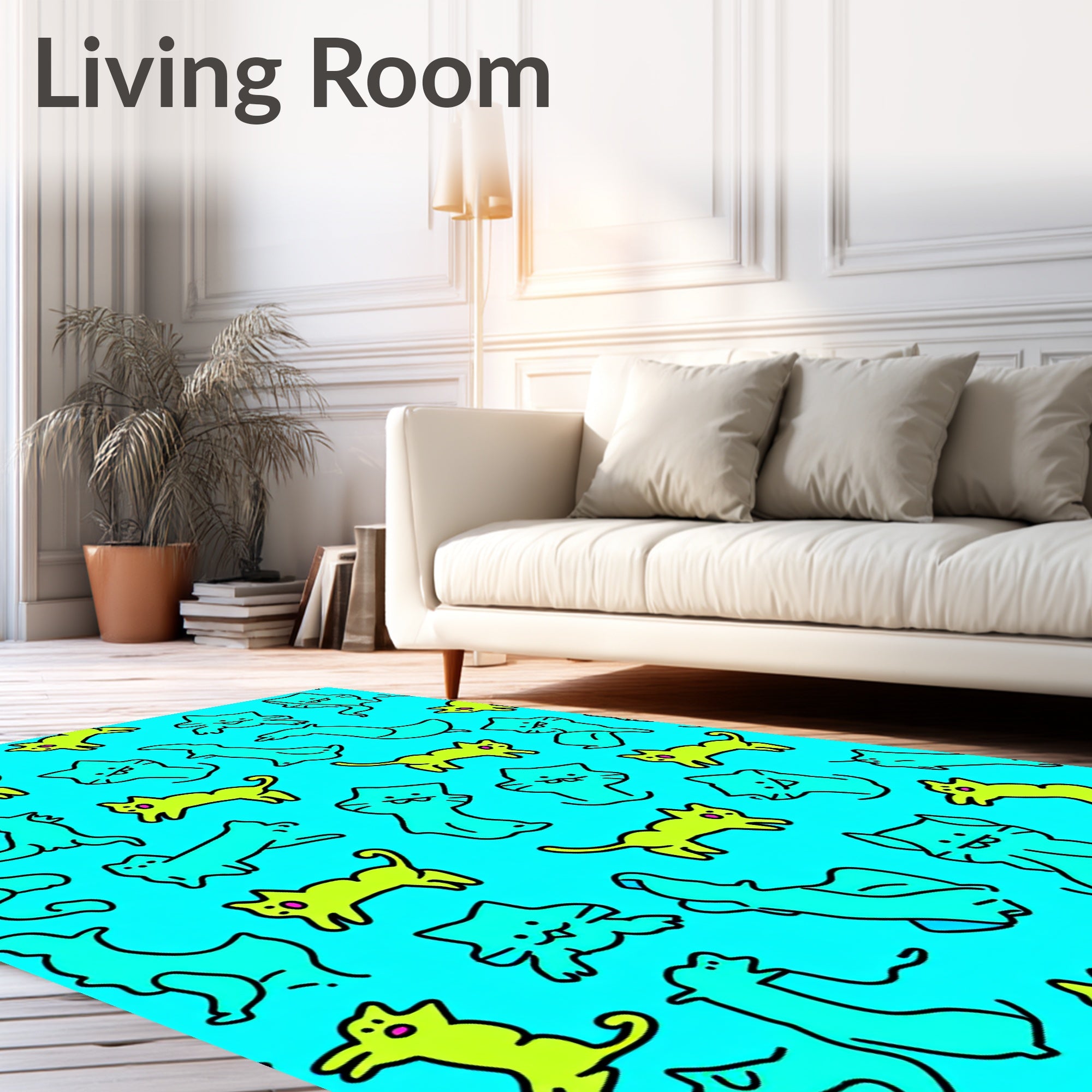 Whimsical Yellow Blue Feline Friends Rug