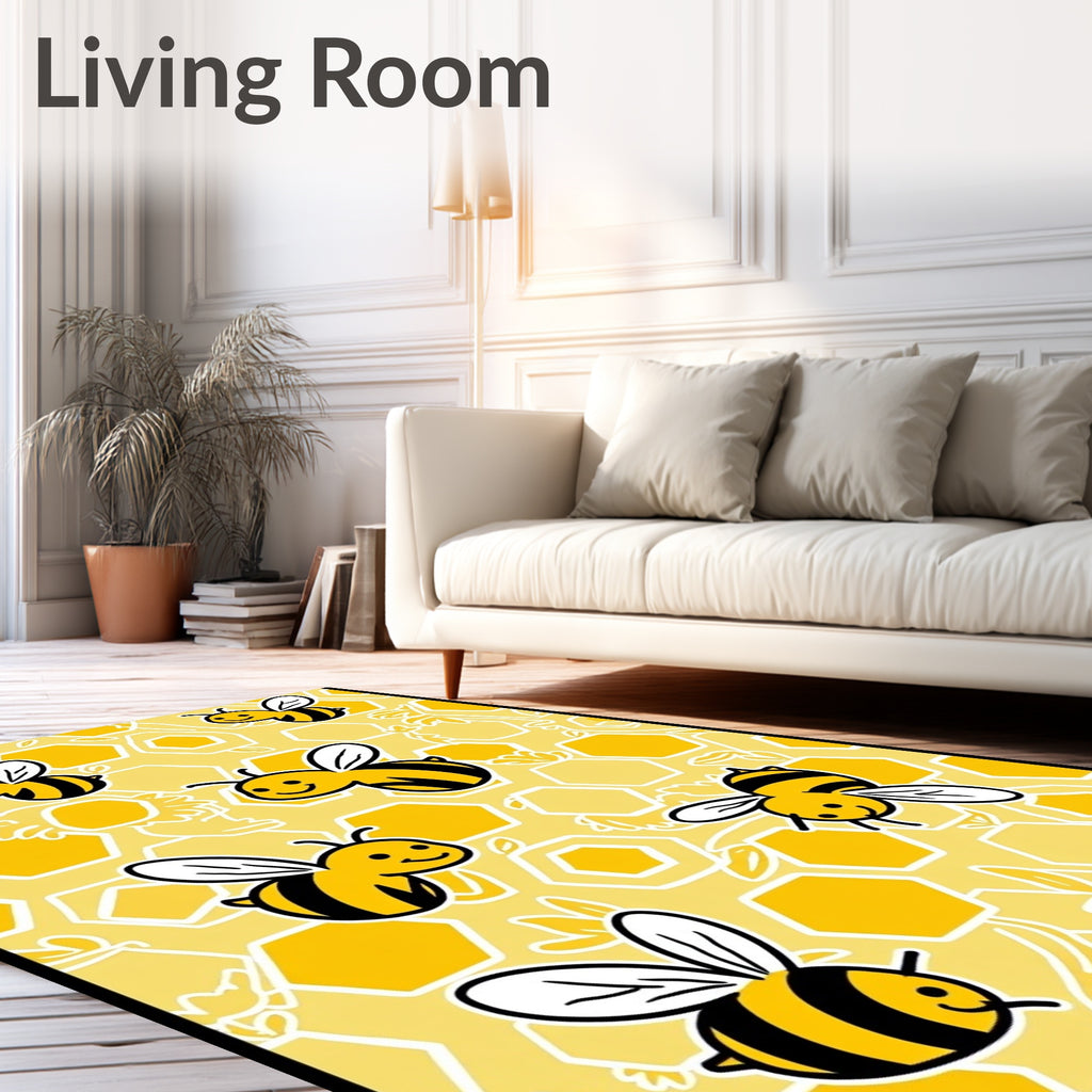 Happy Yellow Bee Honeycomb Collage Rug
