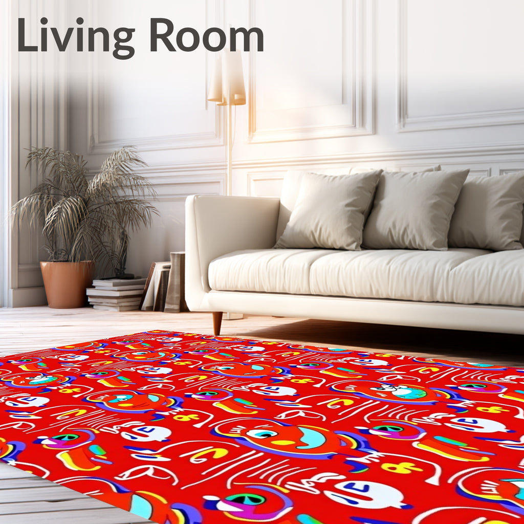Whimsical Red Abstract Character Collage Rug