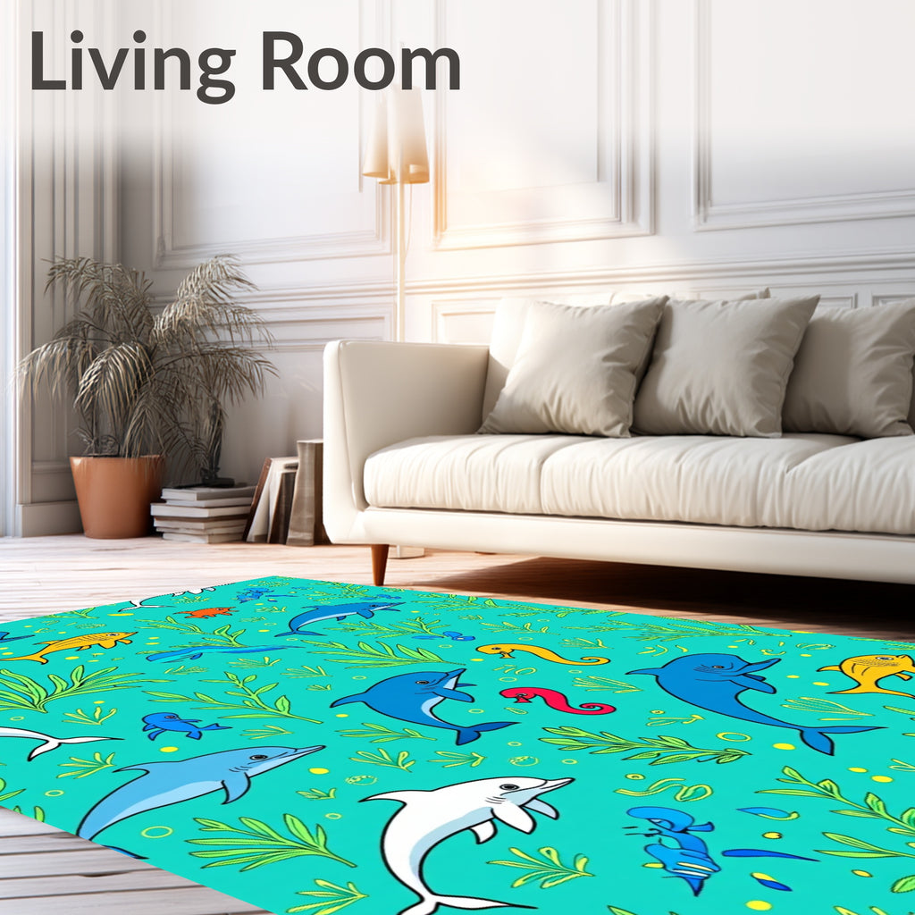 Aqua Ocean Life Dolphins Seahorses Fish Rug