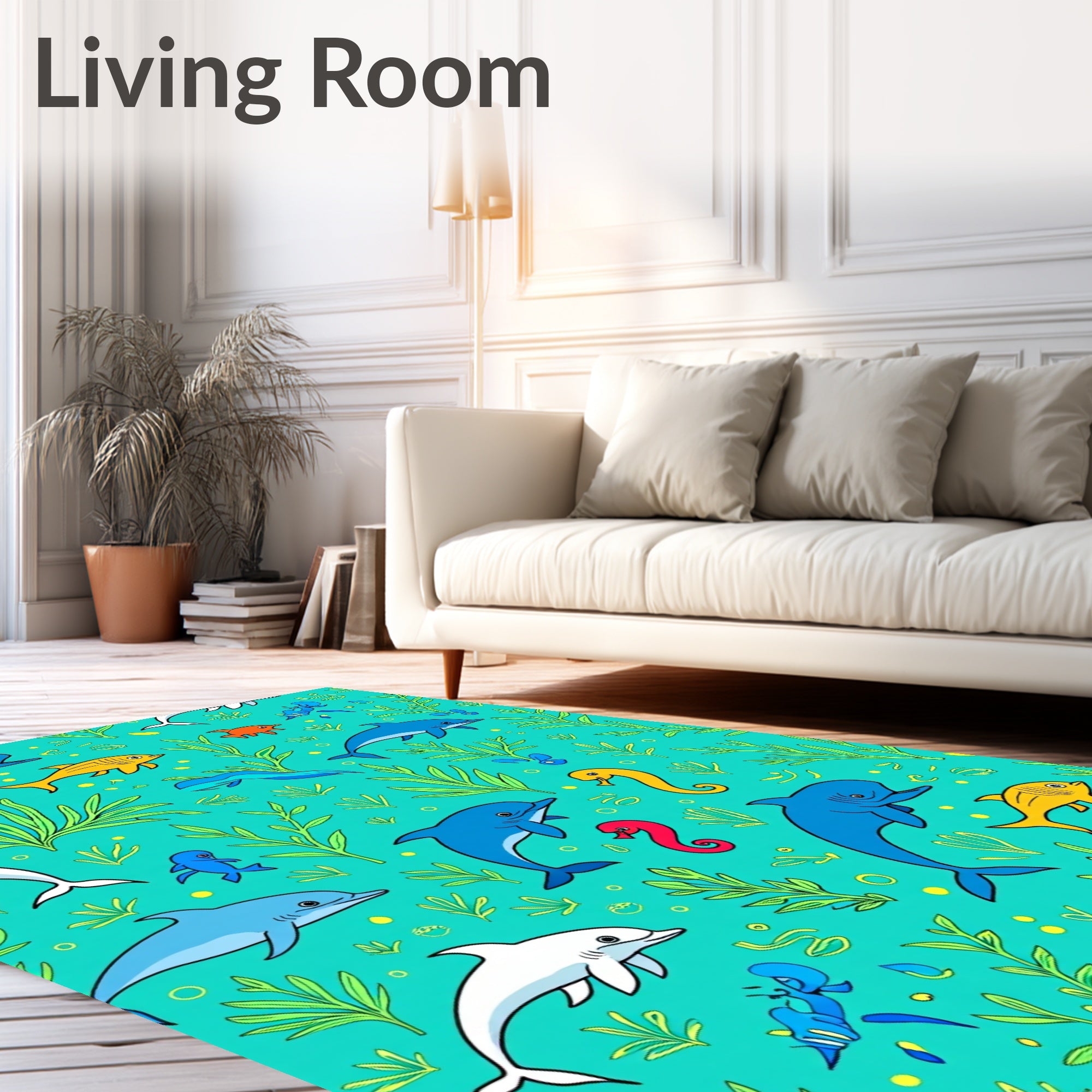 Aqua Ocean Life Dolphins Seahorses Fish Rug