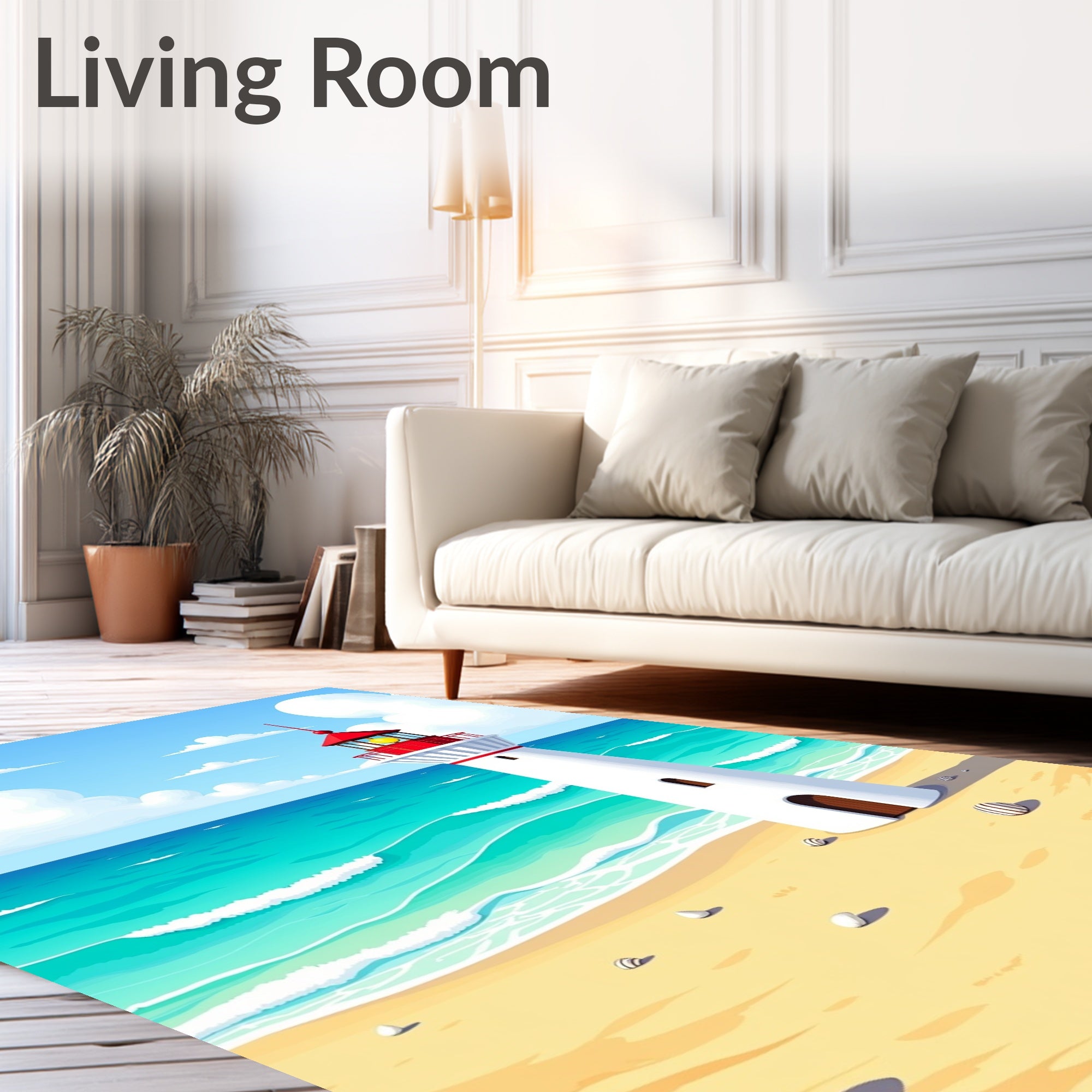 Coastal Lighthouse Wave Beach Scene Rug