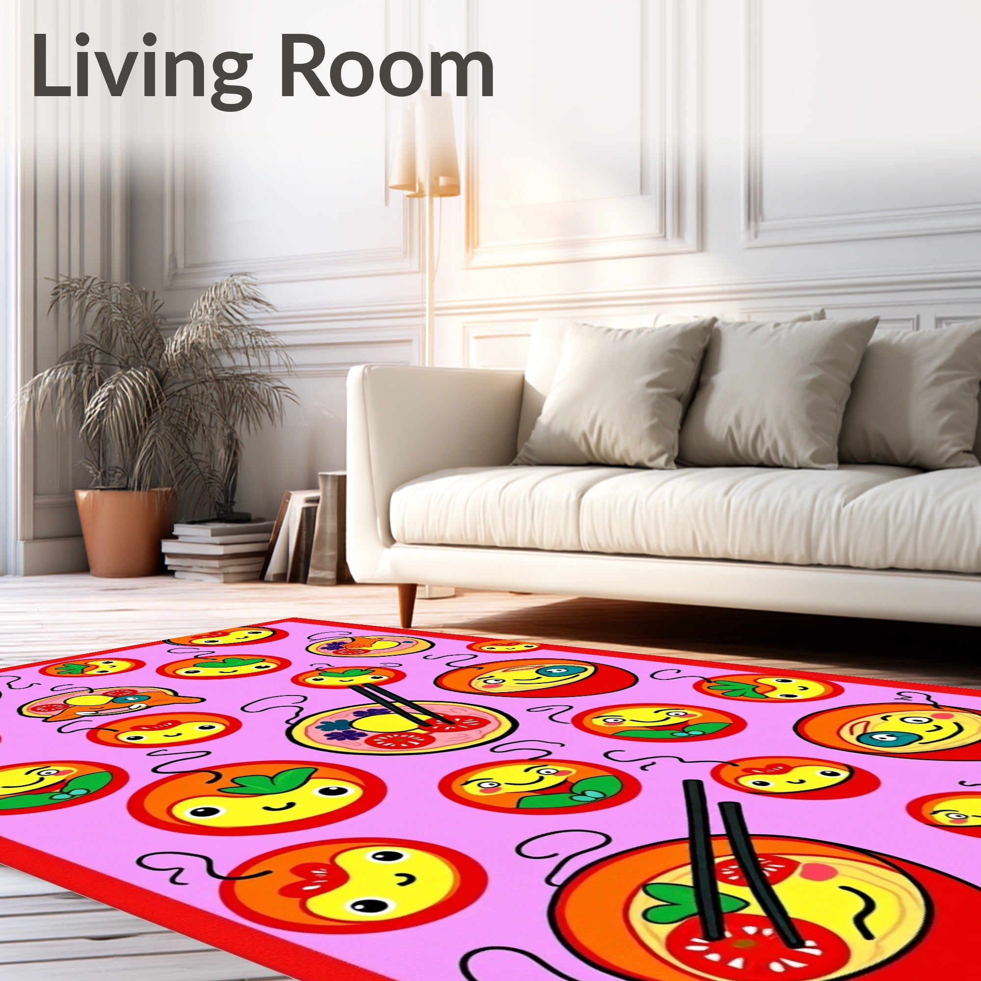 Kawaii Food Bowl Characters Pink Background Rug